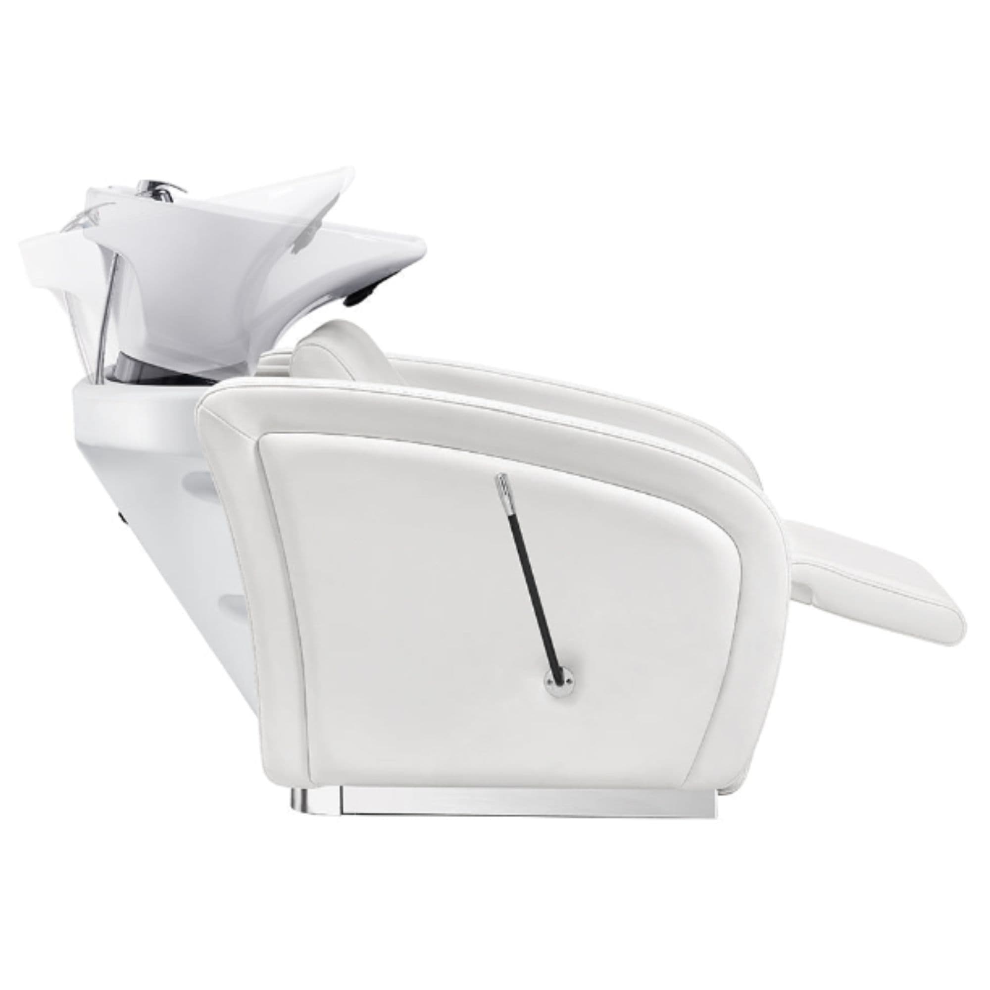Anode Adjustable Leg Salon Shampoo Chair White Side View With White Single Sink Demo And Leg Rest Extended