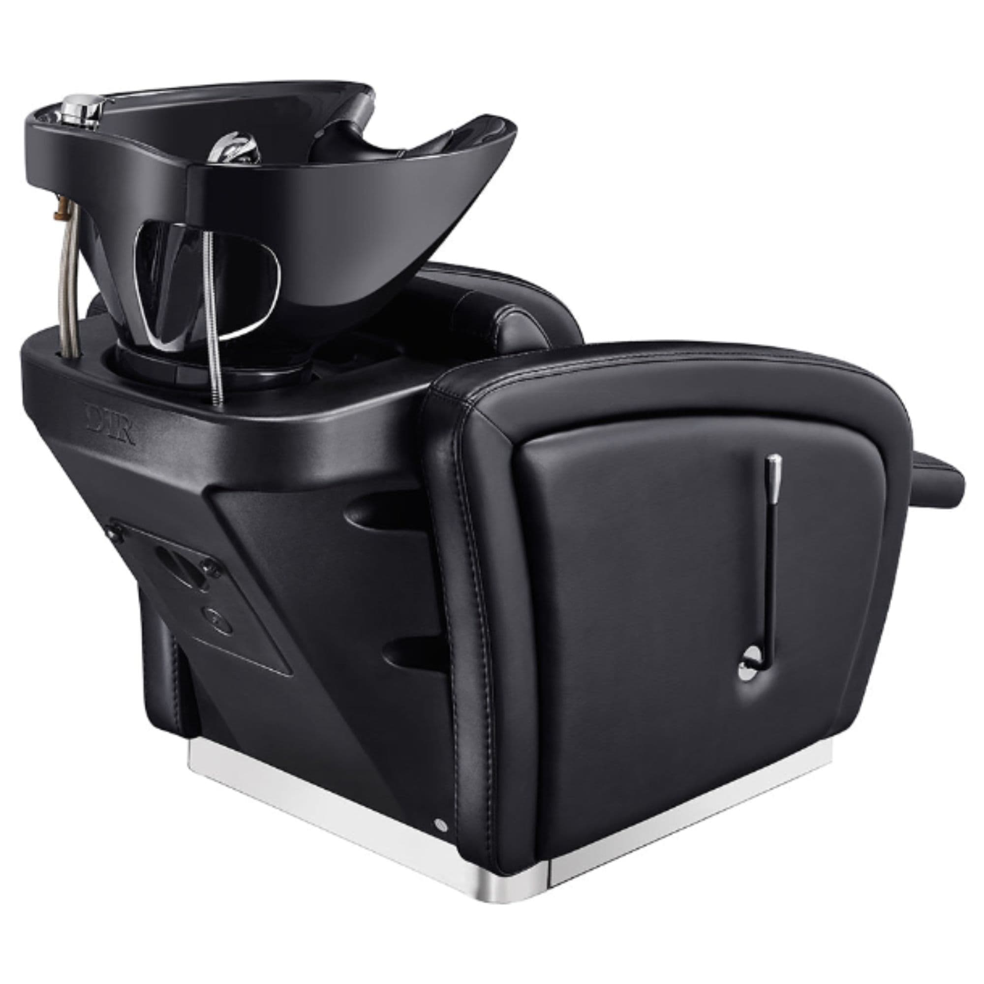 Anode Salon Shampoo Chair with Adjustable Leg Black Rear View With Black Single Wash Sink On Clean Background