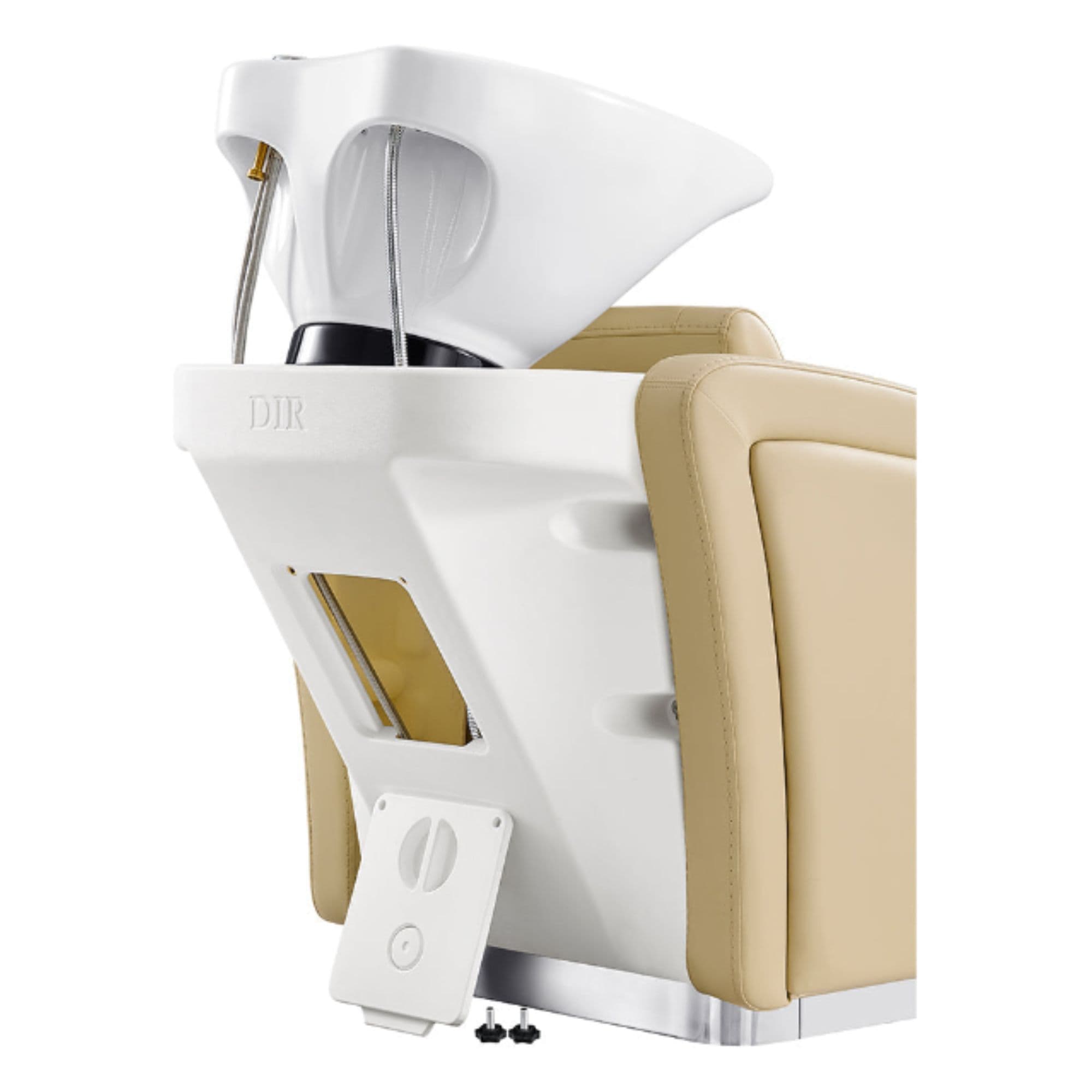 Anode Salon Shampoo Chairs with Adjustable Leg Beige Rear View With White Single Wash Sink Assembly On Clean Background