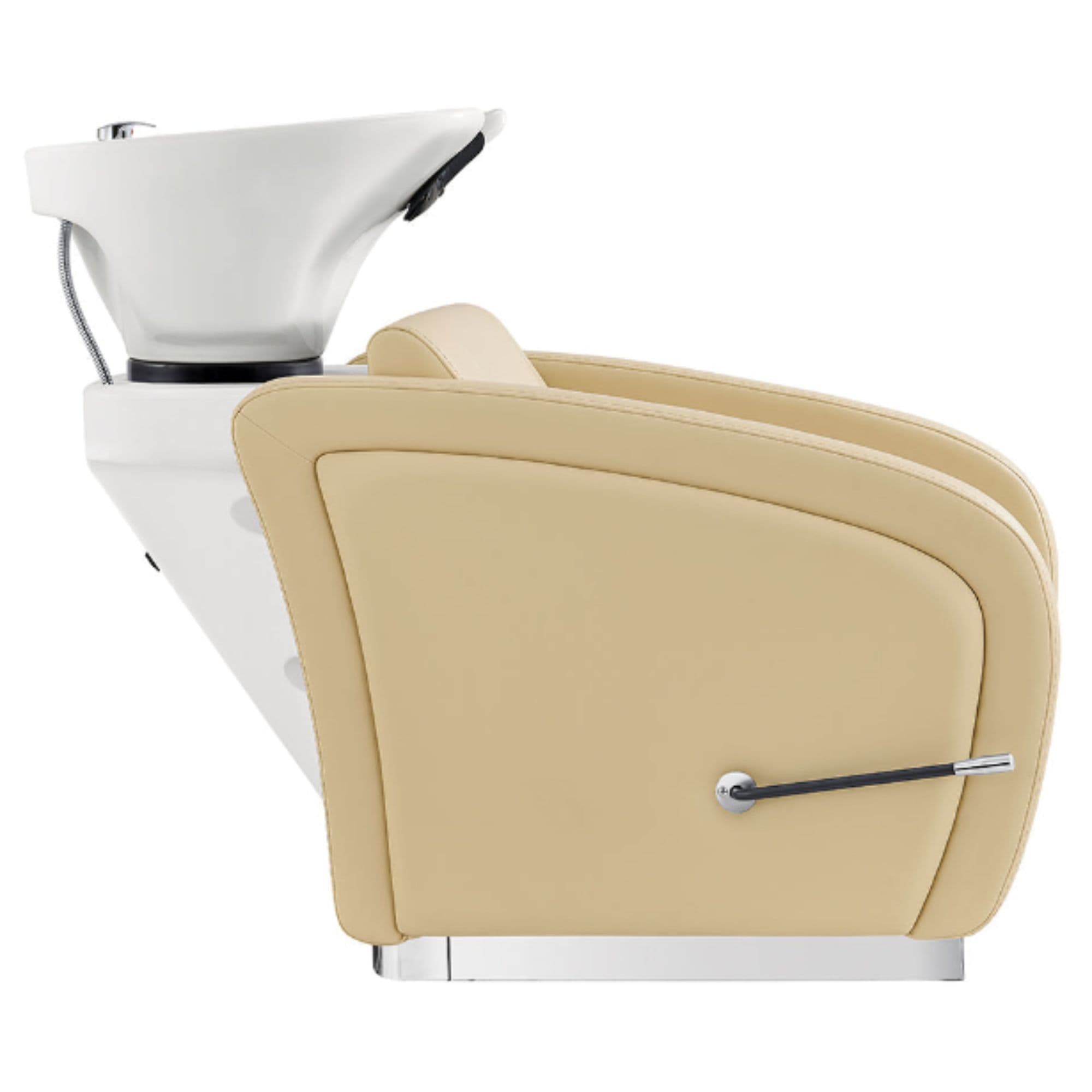 Anode Salon Shampoo Chairs with Adjustable Leg Beige Side View With White Single Sink On Clean White Background
