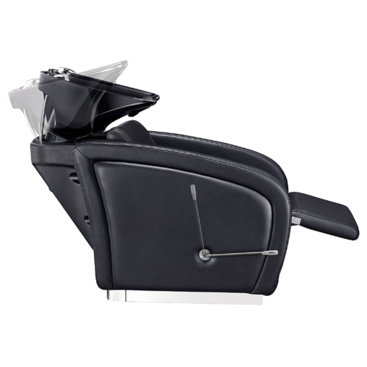 Anode Salon Shampoo Chairs with Adjustable Leg Black Side View With Demo Of Black Single Wash Sink On Clean Background
