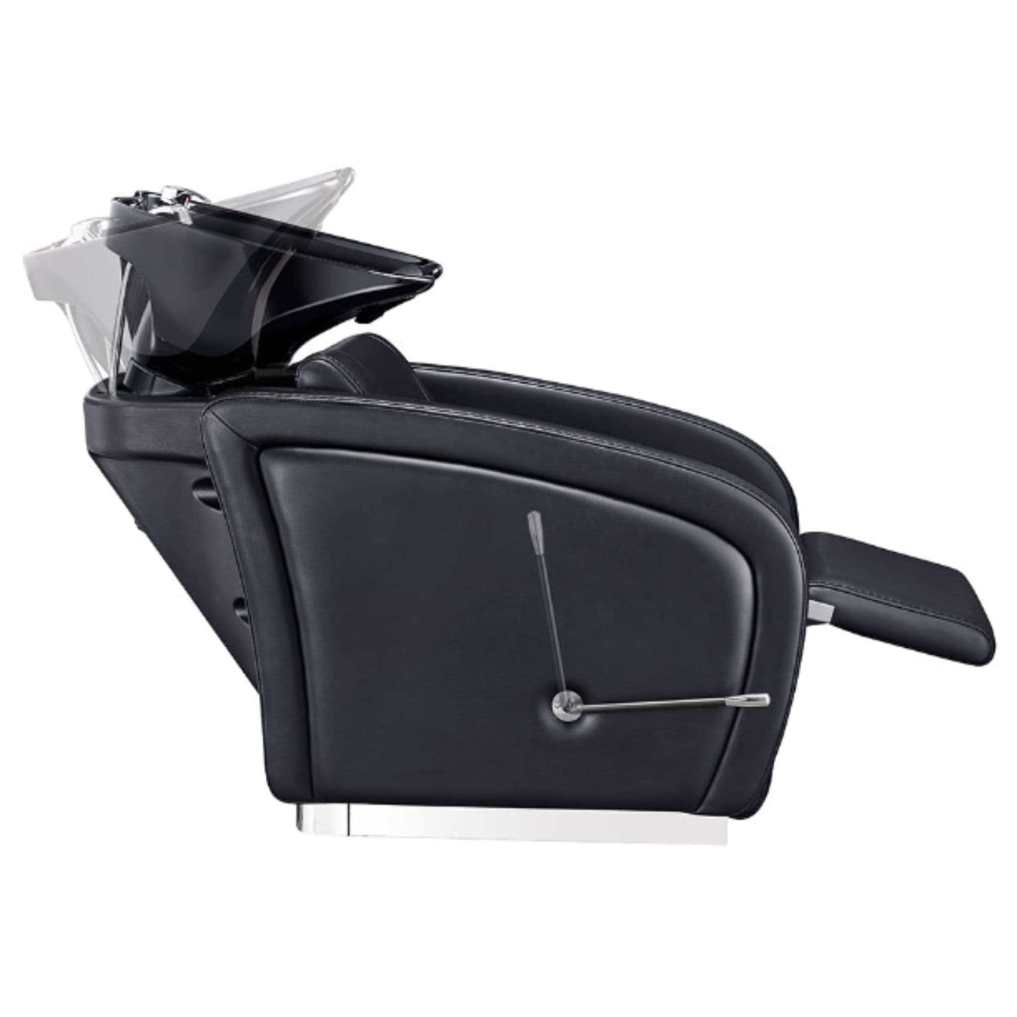 Anode Salon Shampoo Chairs with Adjustable Leg Black Side View With Demo Of Black Single Wash Sink On Clean Background