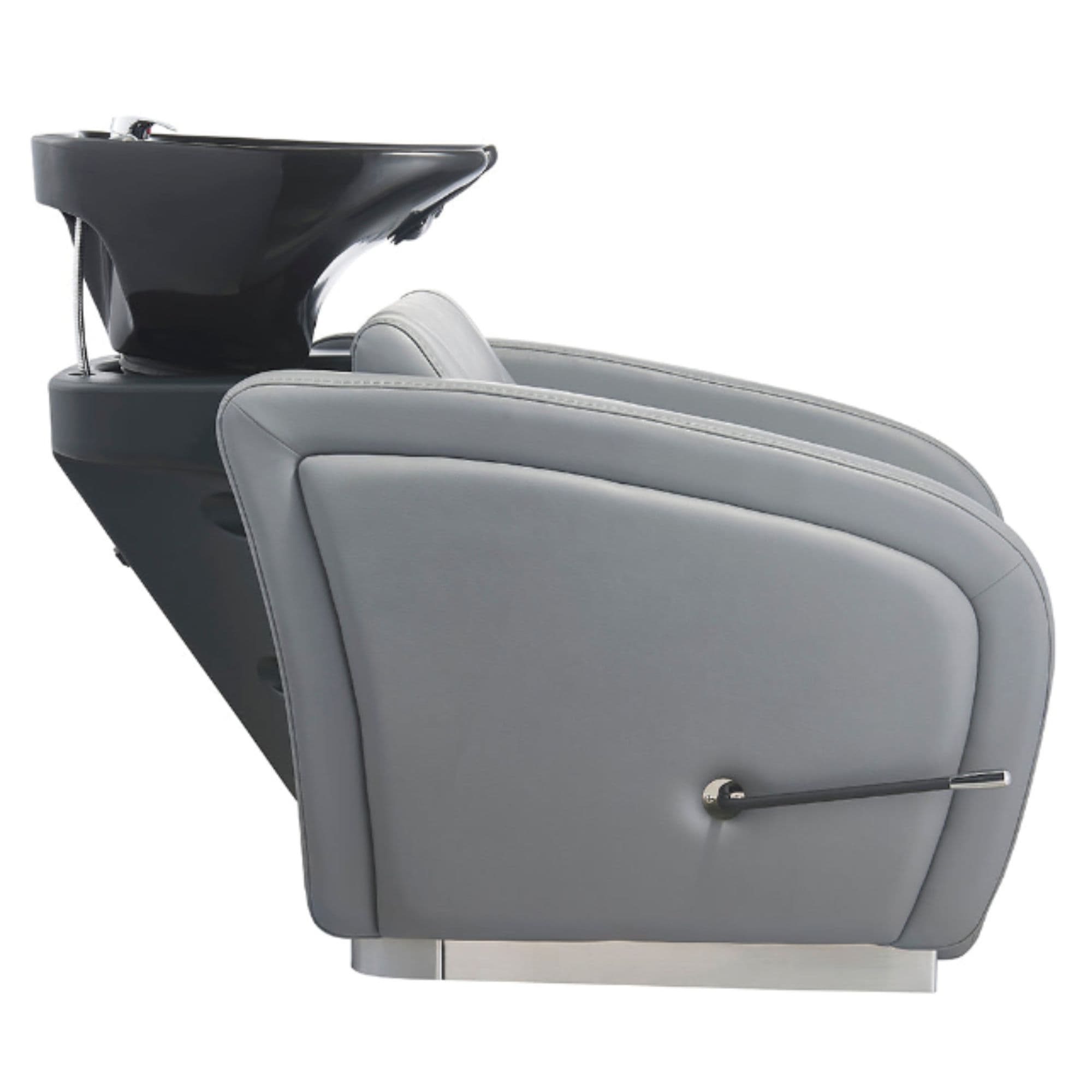Anode Salon Shampoo Chairs with Adjustable Leg Gray Front Angled View With Black Single Sink On Clean Background