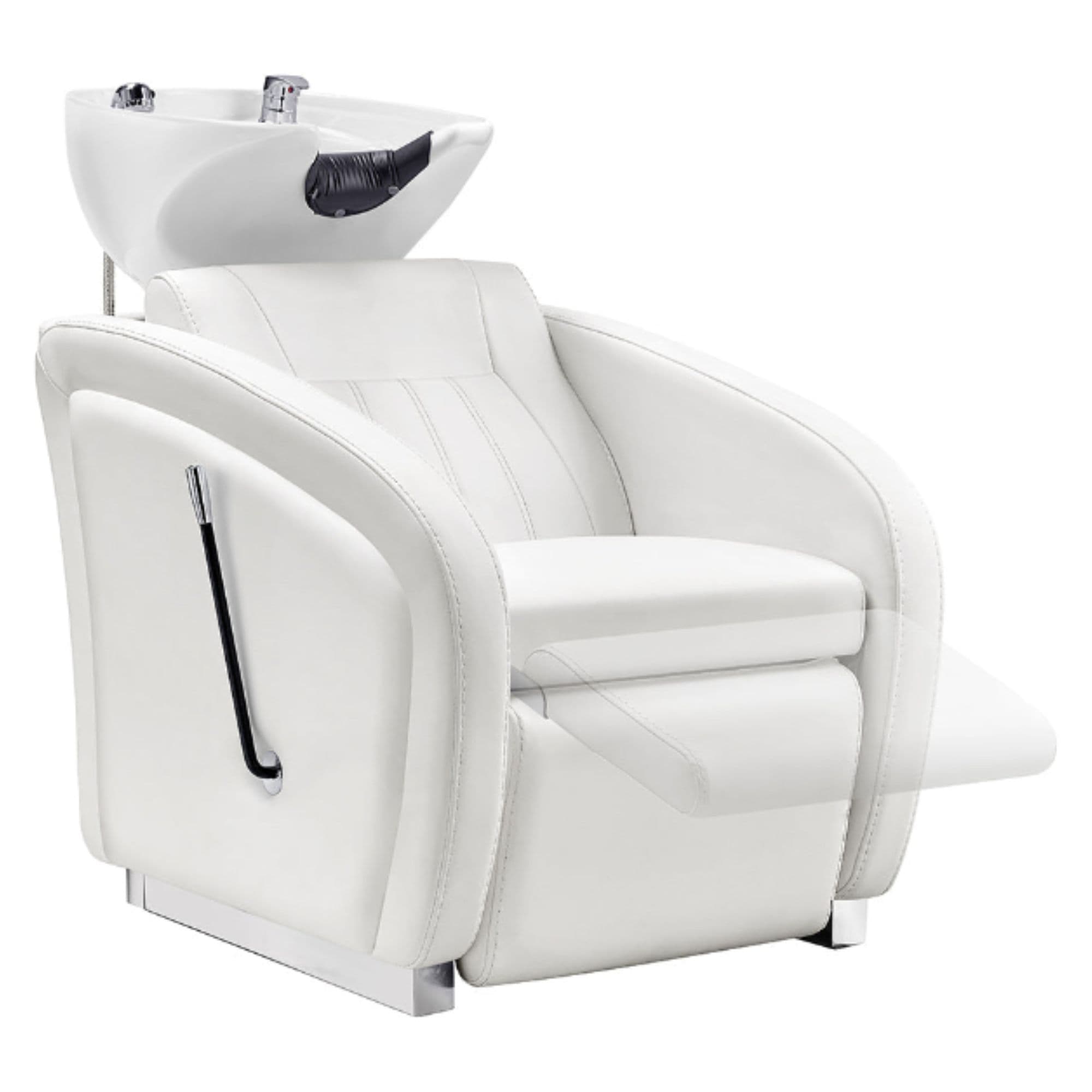 Anode Salon Shampoo Chairs with Adjustable Leg White Front Angled View With White Single Sink And Blurred Leg Rest Demonstration