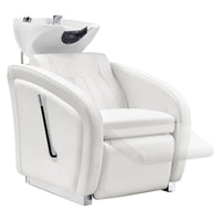Thumbnail for Anode Salon Shampoo Chairs with Adjustable Leg White Front Angled View With White Single Sink And Blurred Leg Rest Demonstration
