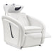 Anode Salon Shampoo Chairs with Adjustable Leg White Front Angled View With White Single Sink And Blurred Leg Rest Demonstration