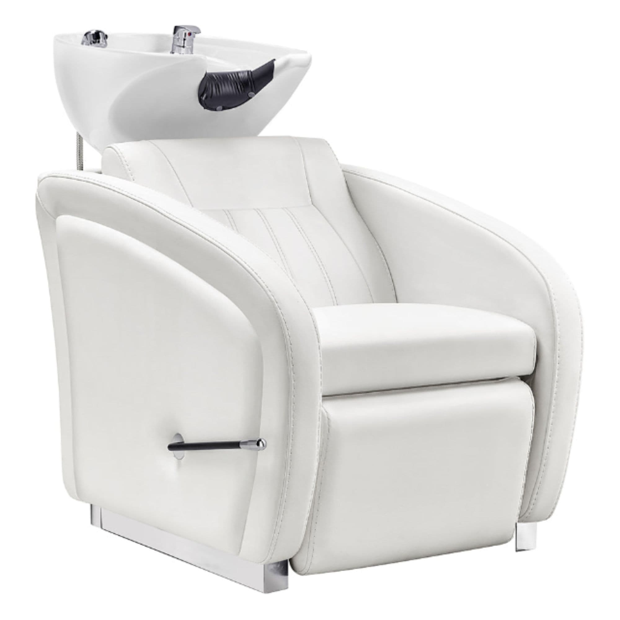 Anode Salon Shampoo Chairs with Adjustable Leg White Front Angled View With White Single Sink On Clean White Background