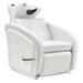 Anode Salon Shampoo Chairs with Adjustable Leg White Front Angled View With White Single Sink On Clean White Background