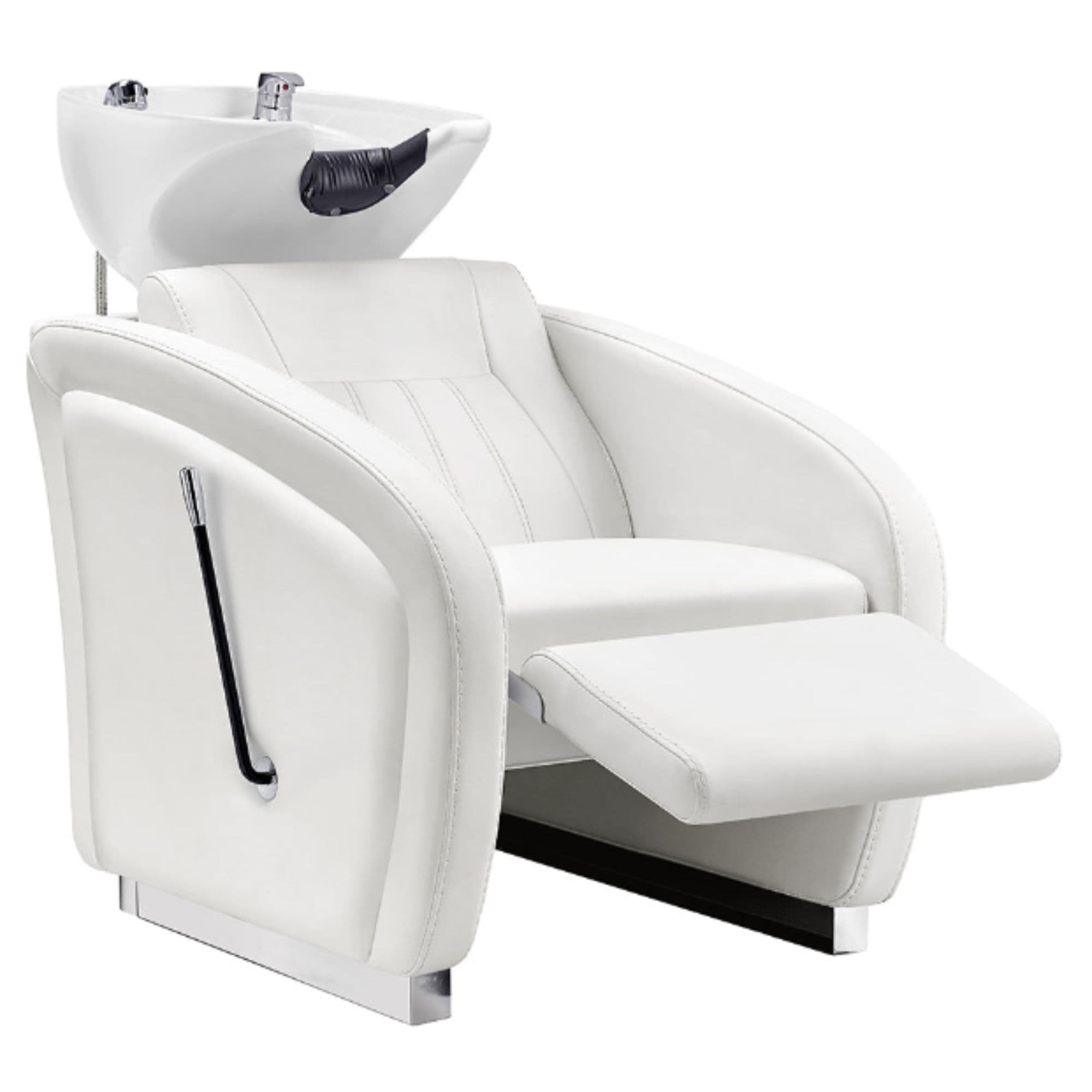 Anode Salon Shampoo Chairs with Adjustable Leg White Front Angled View With White Sink Station And Extended Leg Rest On Clean White Background