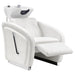 Anode Salon Shampoo Chairs with Adjustable Leg White Front Angled View With White Sink Station And Extended Leg Rest On Clean White Background