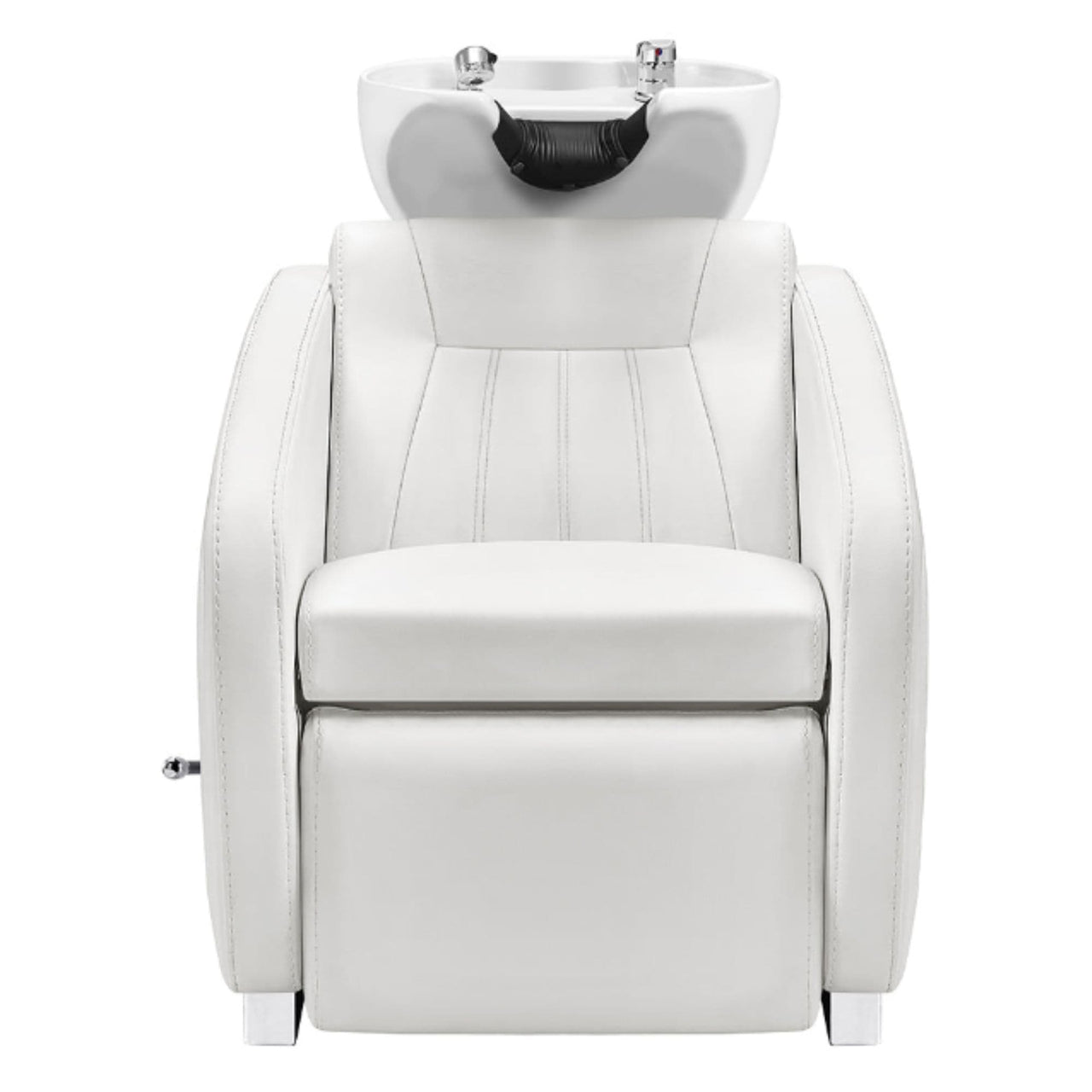 Anode Salon Shampoo Chairs with Adjustable Leg White Front View With White Single Sink On Clean White Background