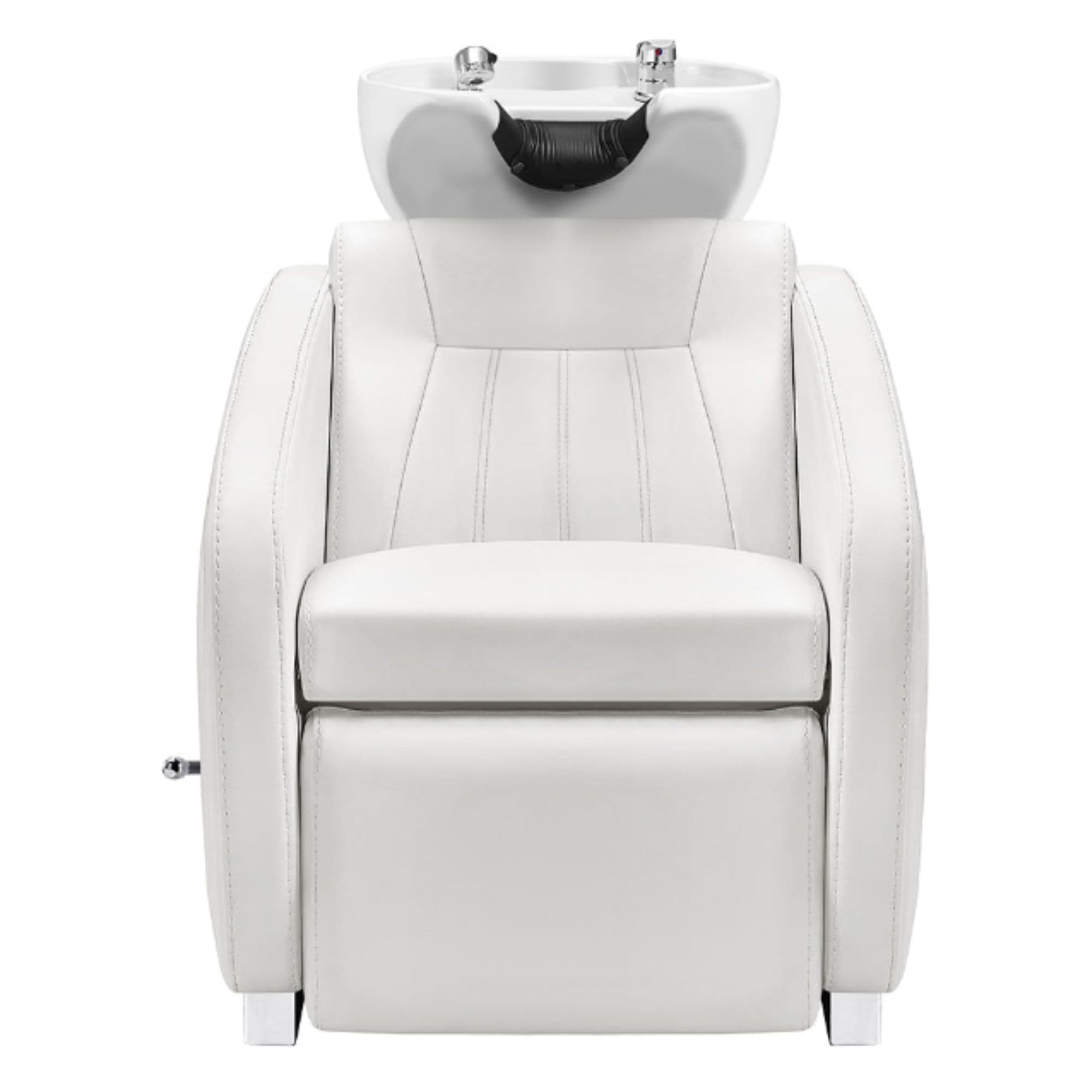 Anode Salon Shampoo Chairs with Adjustable Leg White Front View With White Single Sink On Clean White Background