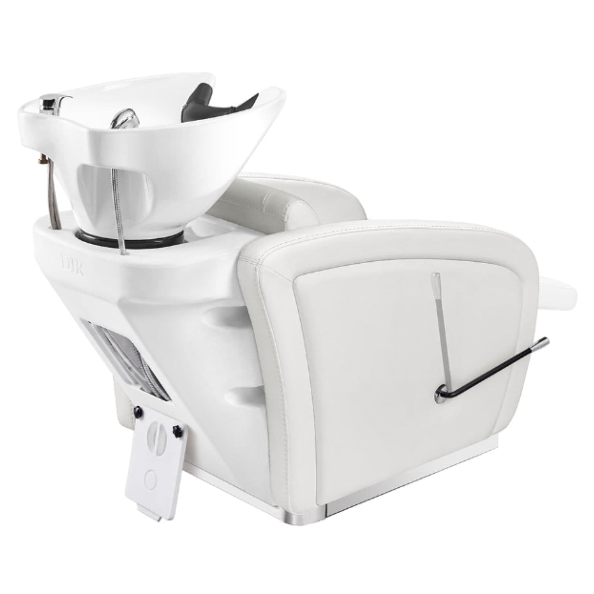 Anode Salon Shampoo Chairs with Adjustable Leg White Rear View With White Single Wash Sink Assembly On Clean Background