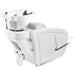 Anode Salon Shampoo Chairs with Adjustable Leg White Rear View With White Single Wash Sink Assembly On Clean Background