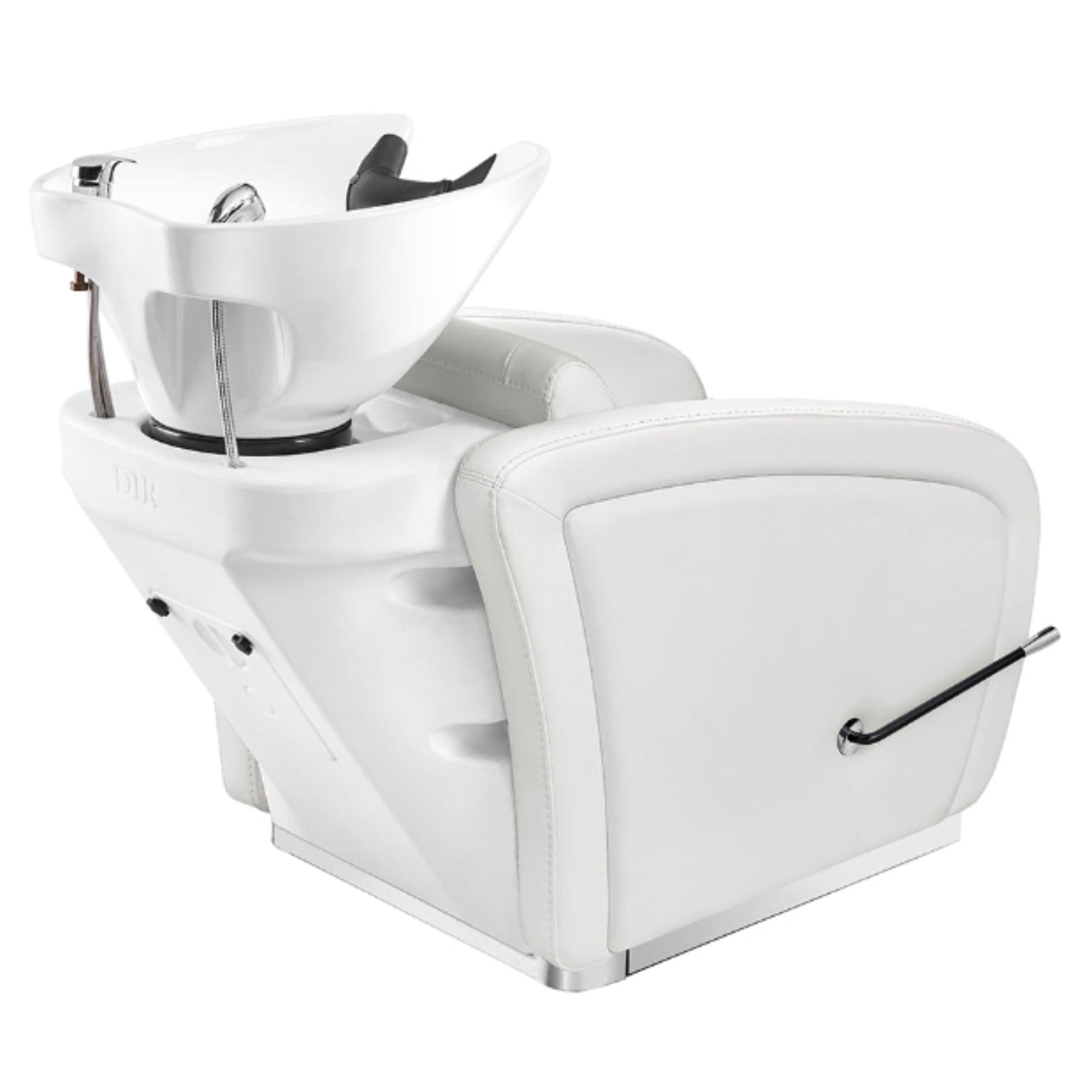 Anode Salon Shampoo Chairs with Adjustable Leg White Rear View With White Single Wash Sink On Clean Background