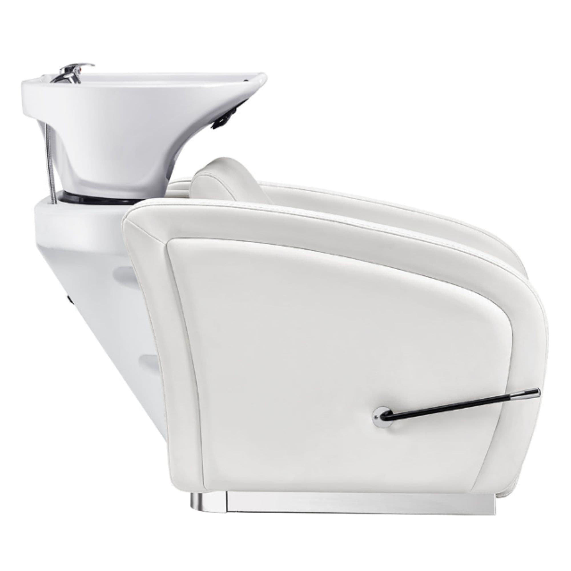 Anode Salon Shampoo Chairs with Adjustable Leg White Side View With White Single Sink On Clean White Background