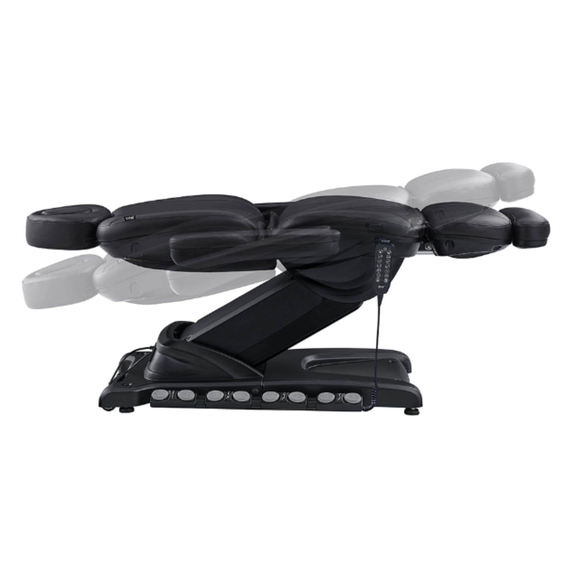 Apollo 4-Motors Thermo Heated Med Spa Treatment Chair Black Variant Side View Demonstrating Adjustable Stirrup Position On White Background