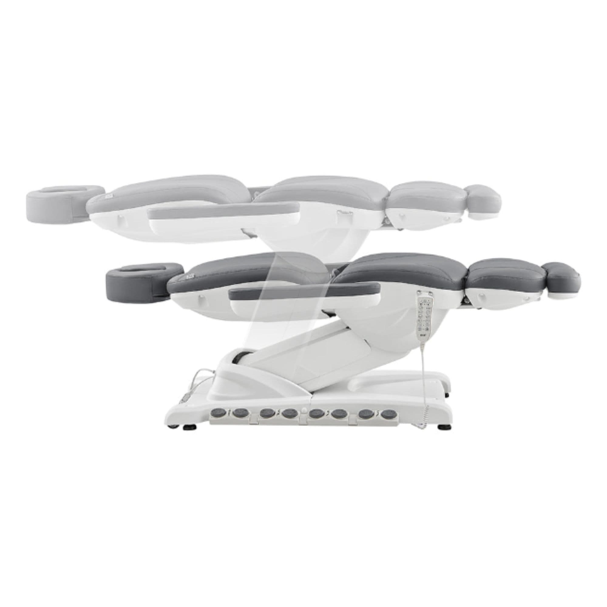 Apollo 4-Motors Thermo Heated Med Spa Treatment Chair Gray Variant Side View And Fully Reclined Demonstrating An Up And Down Adjustment On White Background