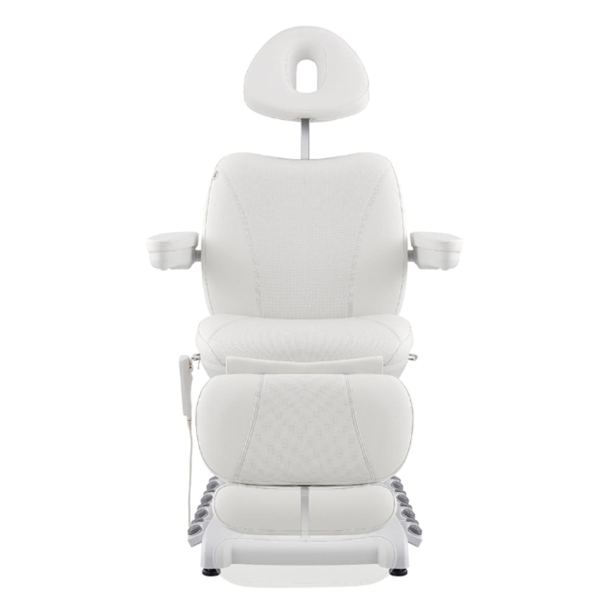 Apollo 4-Motors Thermo Heated Med Spa Treatment Chair White Variant Front View With Raised Headrest On White Background