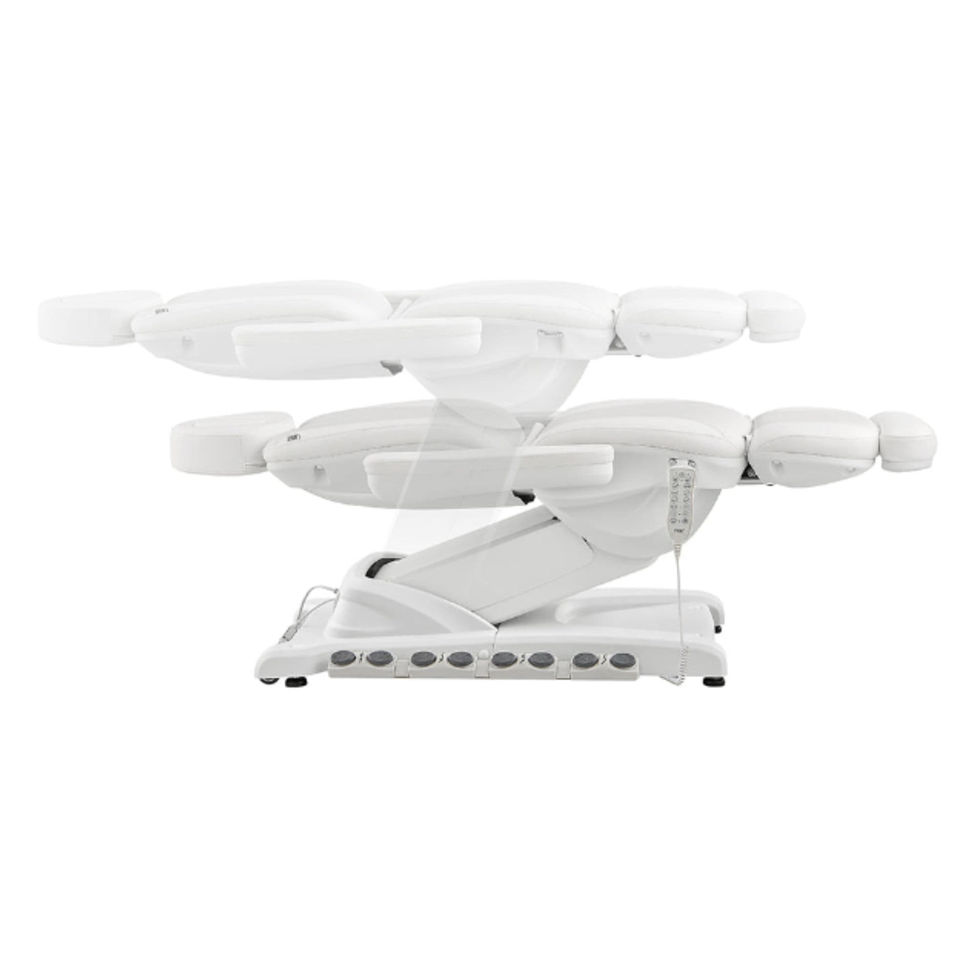 Apollo 4-Motors Thermo Heated Med Spa Treatment Chair White Variant Side View And Fully Reclined Demonstrating An Up And Down Adjustment On White Background