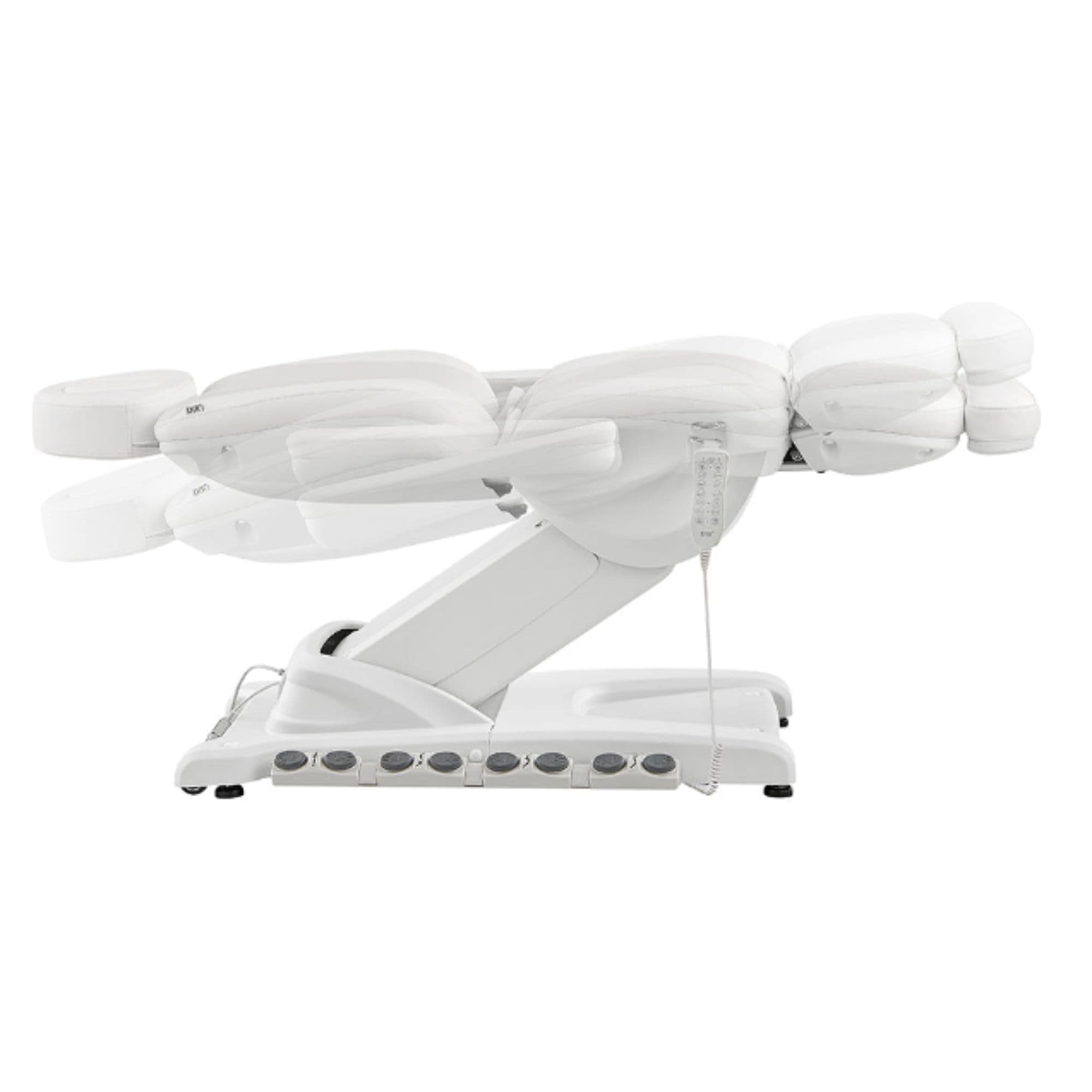 Apollo 4-Motors Thermo Heated Med Spa Treatment Chair White Variant Side View Demonstrating Adjustable Stirrup Position On White Background