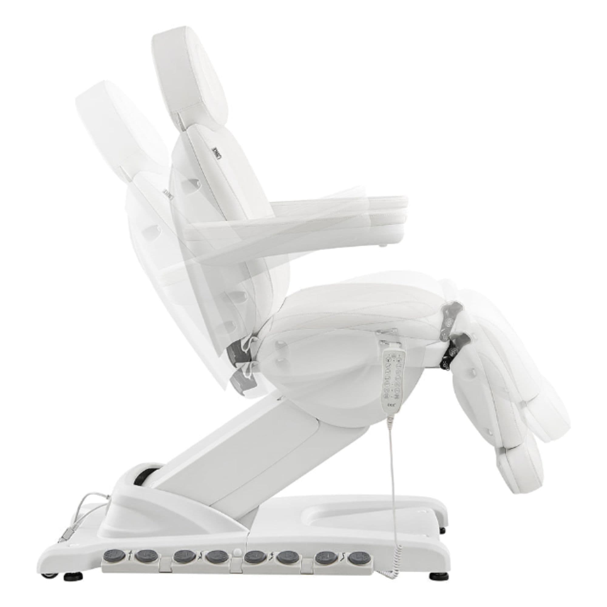 Apollo 4-Motors Thermo Heated Med Spa Treatment Chair White Variant Side View Demonstrating Chair Adjustment Positions On White Background