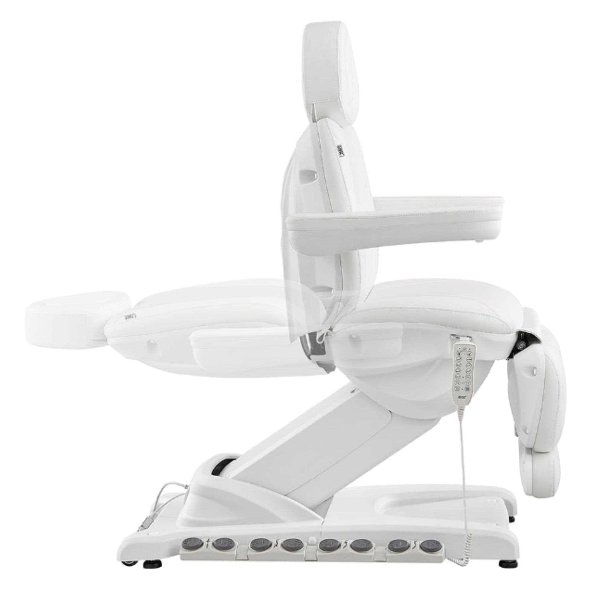 Apollo 4-Motors Thermo Heated Med Spa Treatment Chair White Variant Side View Demonstrating Recline Adjustment Range On White Background
