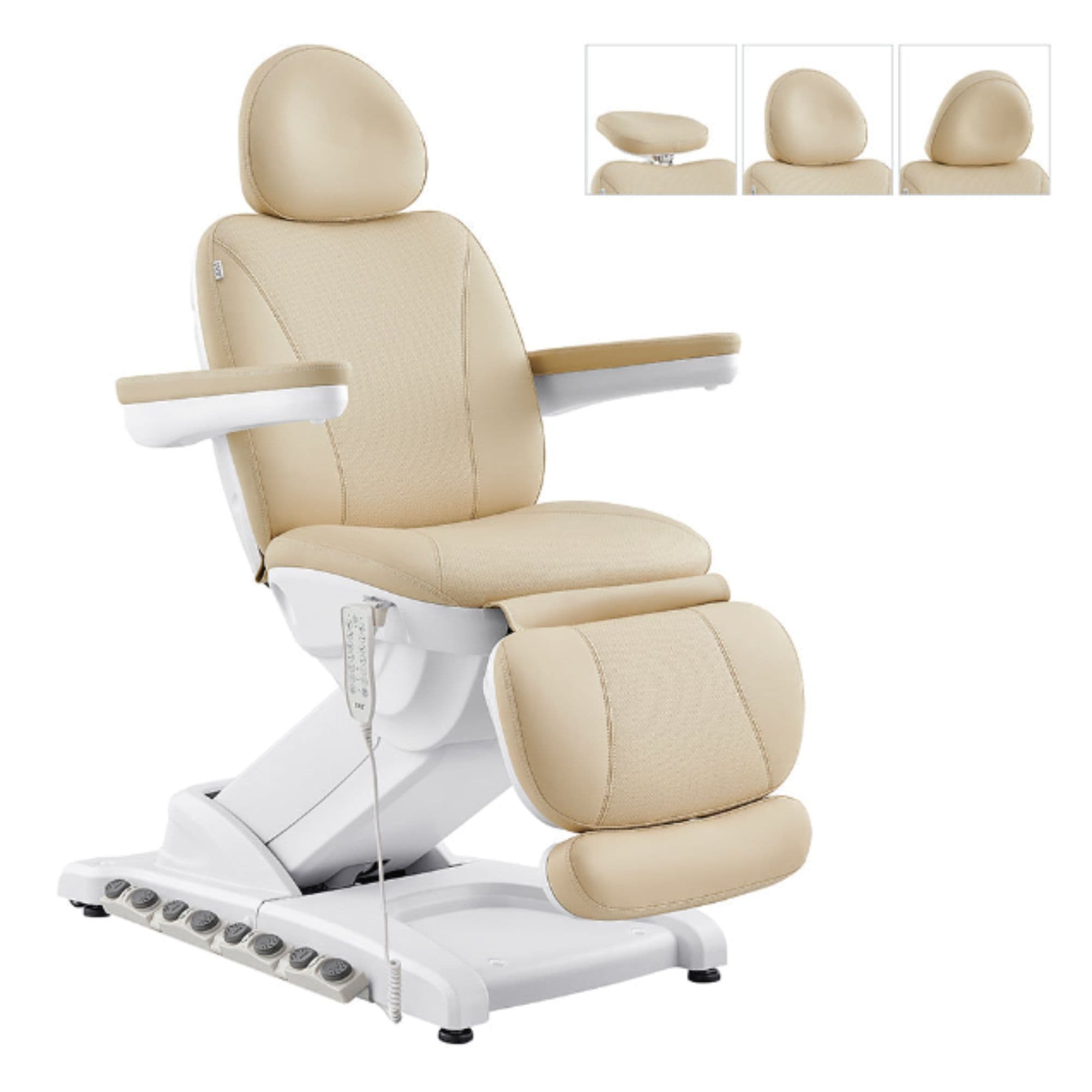Apollo Heated Quad-Motor Med Spa Treatment Chair Beige Variant Front Angled View With Adjustable Headrest Options On White Background