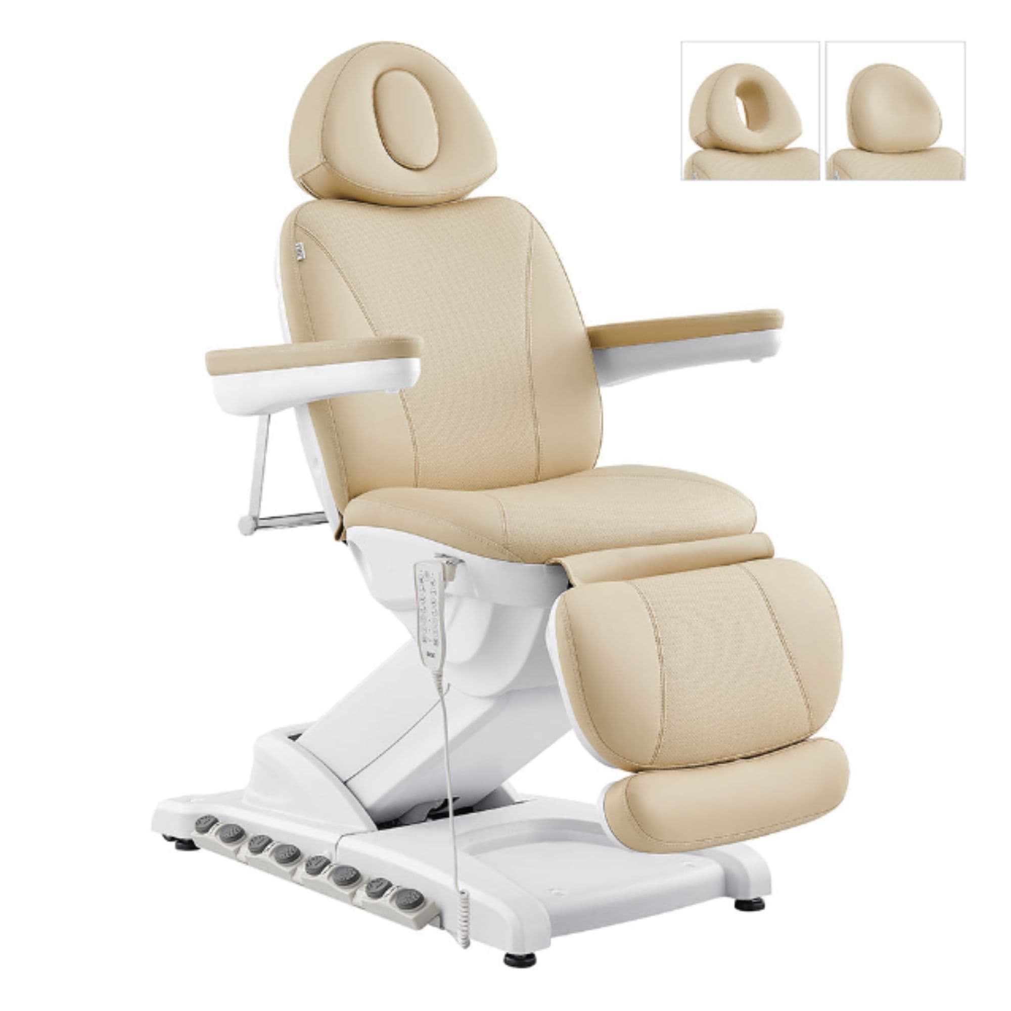 Apollo Heated Quad-Motor Med Spa Treatment Chair Beige Variant Front Angled View With Detachable Headrest Options On White Background