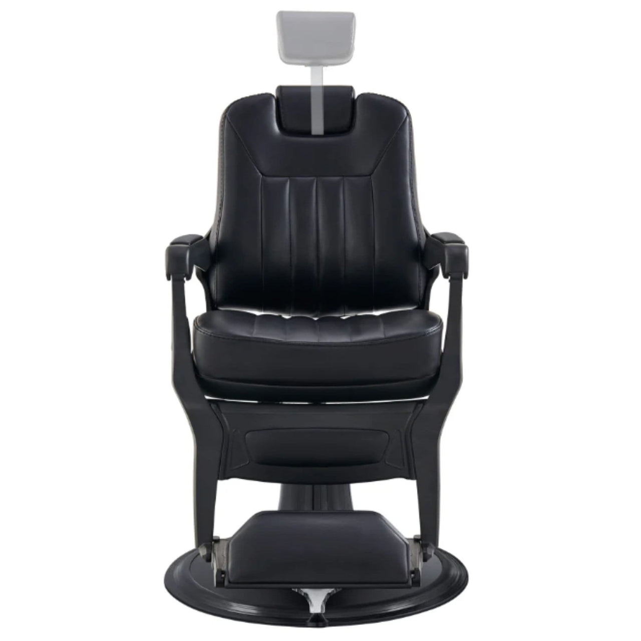 Artura Modern Barber Chair Black Variant Front View Demonstrating Pull Out Headrest Range On White Background