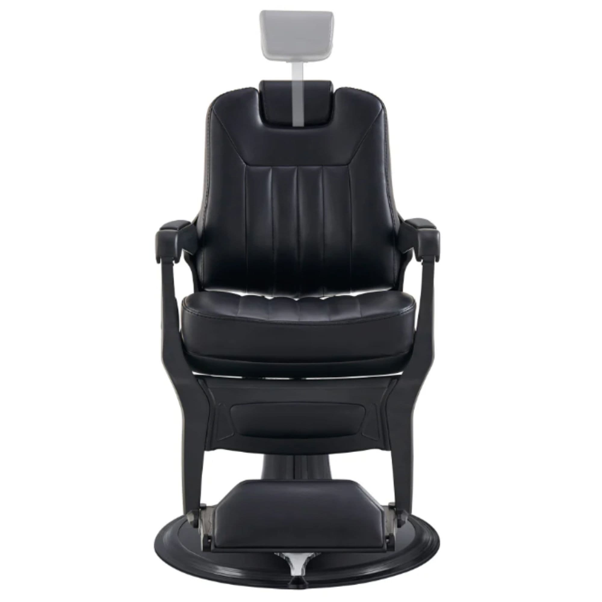 Artura Modern Barber Chair Black Variant Front View Demonstrating Pull Out Headrest Range On White Background