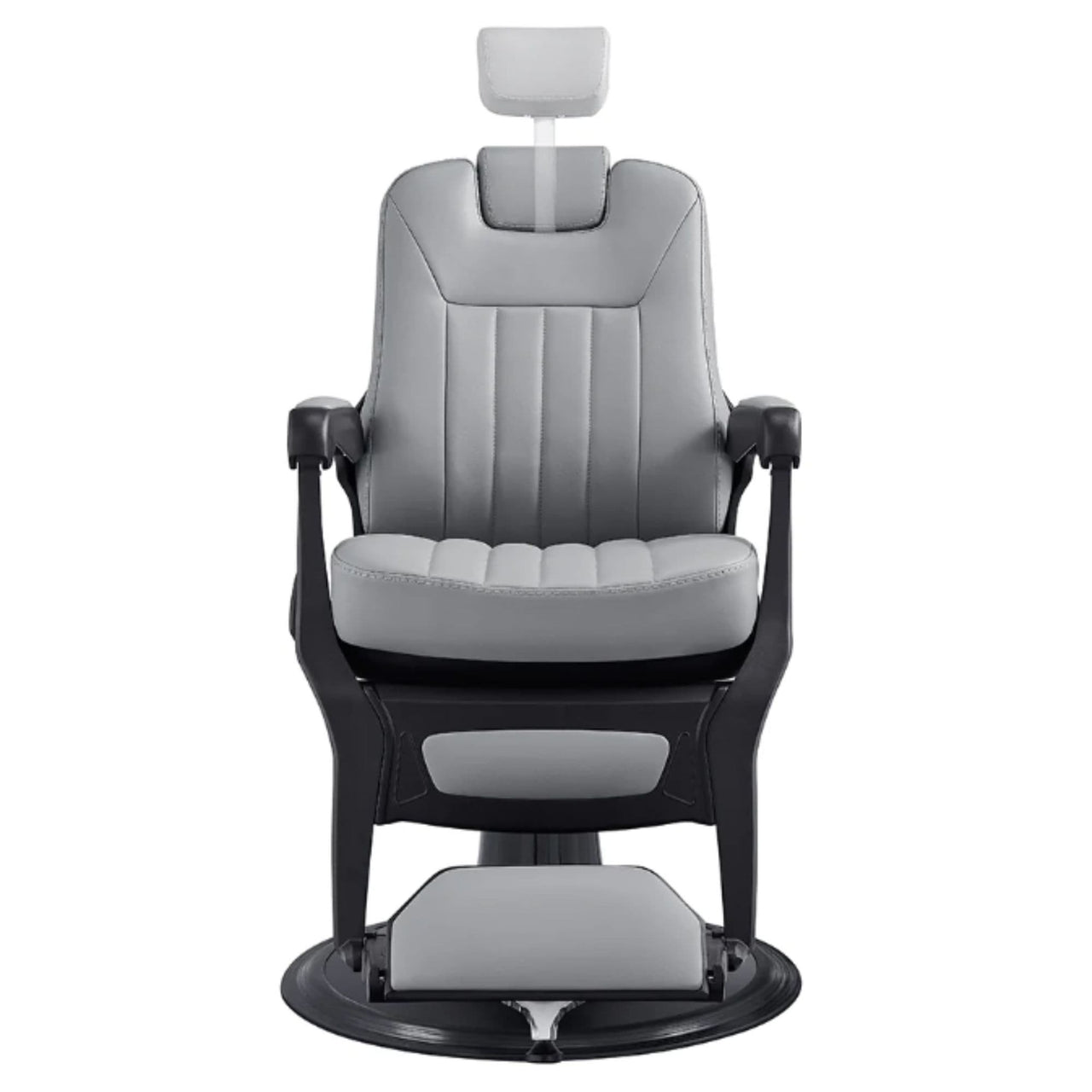 Artura Modern Barber Chair Gray Variant Front View Demonstrating Pull Out Headrest Range On White Background