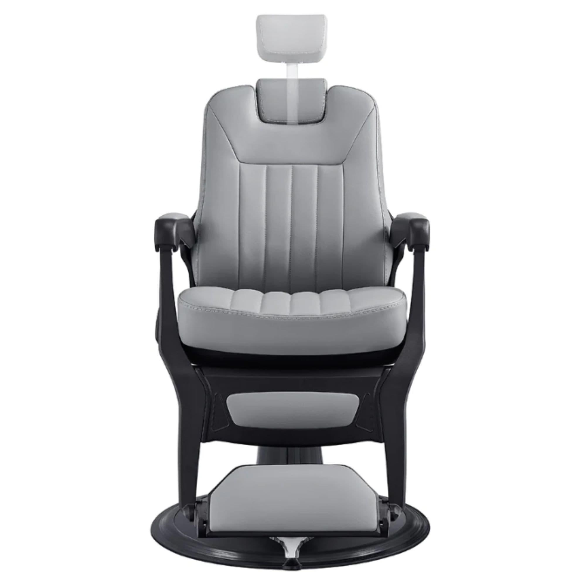 Artura Modern Barber Chair Gray Variant Front View Demonstrating Pull Out Headrest Range On White Background