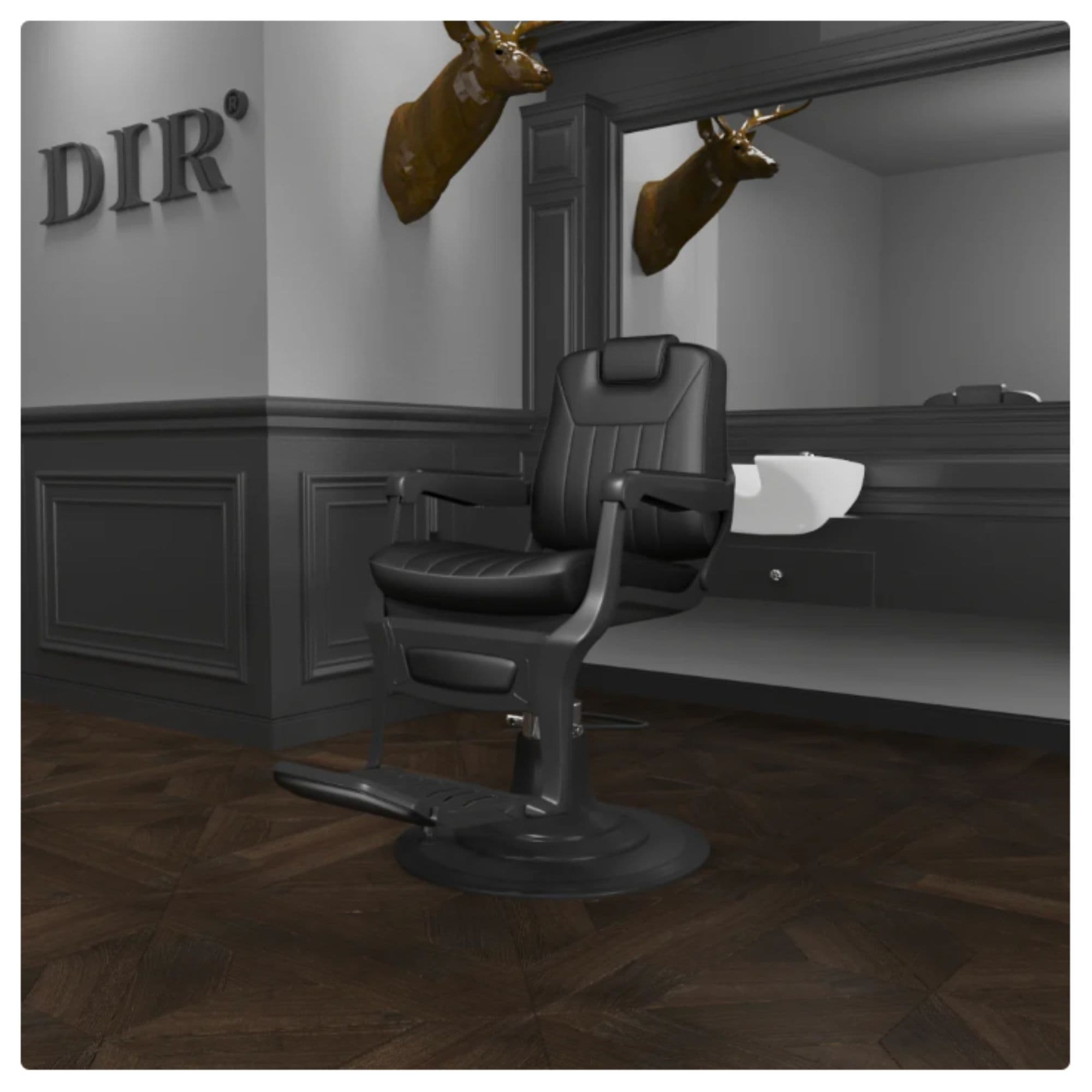 Artura Modern Style Salon Barber Chair Black Variant Front Angled View With Big Mirror And Brand Name In The Background