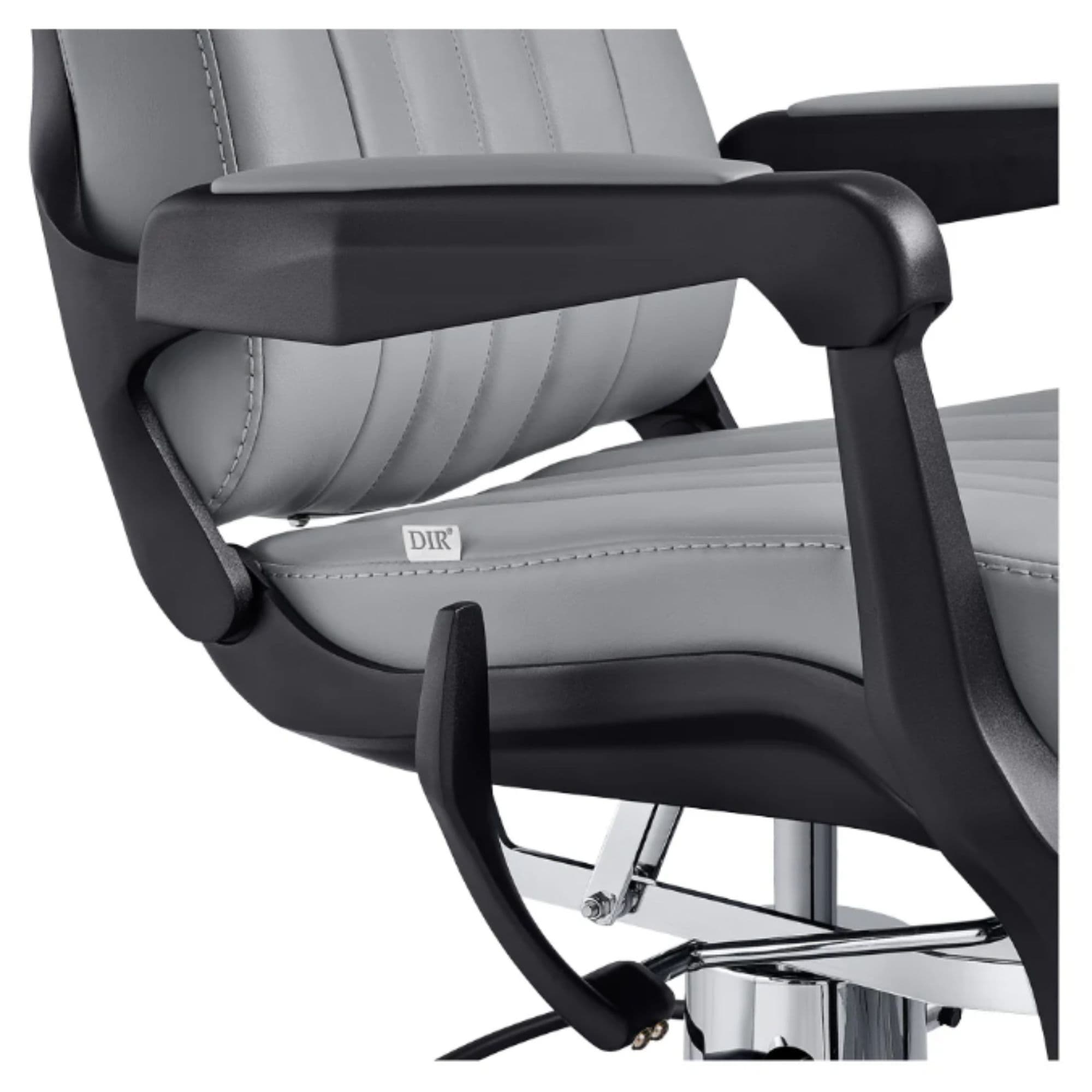 Artura Modern Style Salon Barber Chair Close-Up View Of Decorative Metallic Gold Armrest Support And Gray Upholstered Seat
