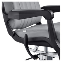 Thumbnail for Artura Modern Style Salon Barber Chair Close-Up View Of Decorative Metallic Gold Armrest Support And Gray Upholstered Seat