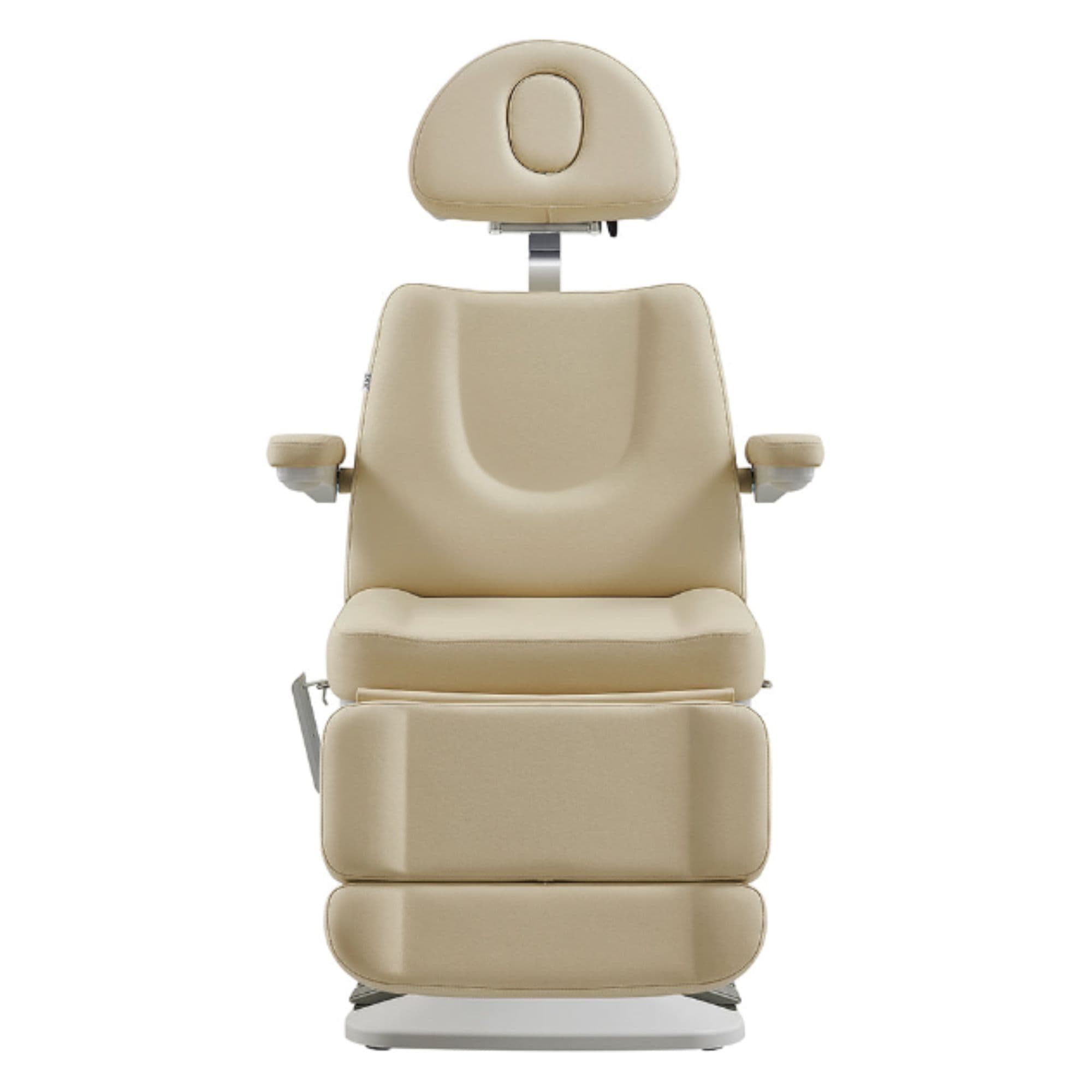 Aurora 4-Motors Swivel Medical Procedure Chair Beige Front View Showing Pulled-up Headrest On White Background