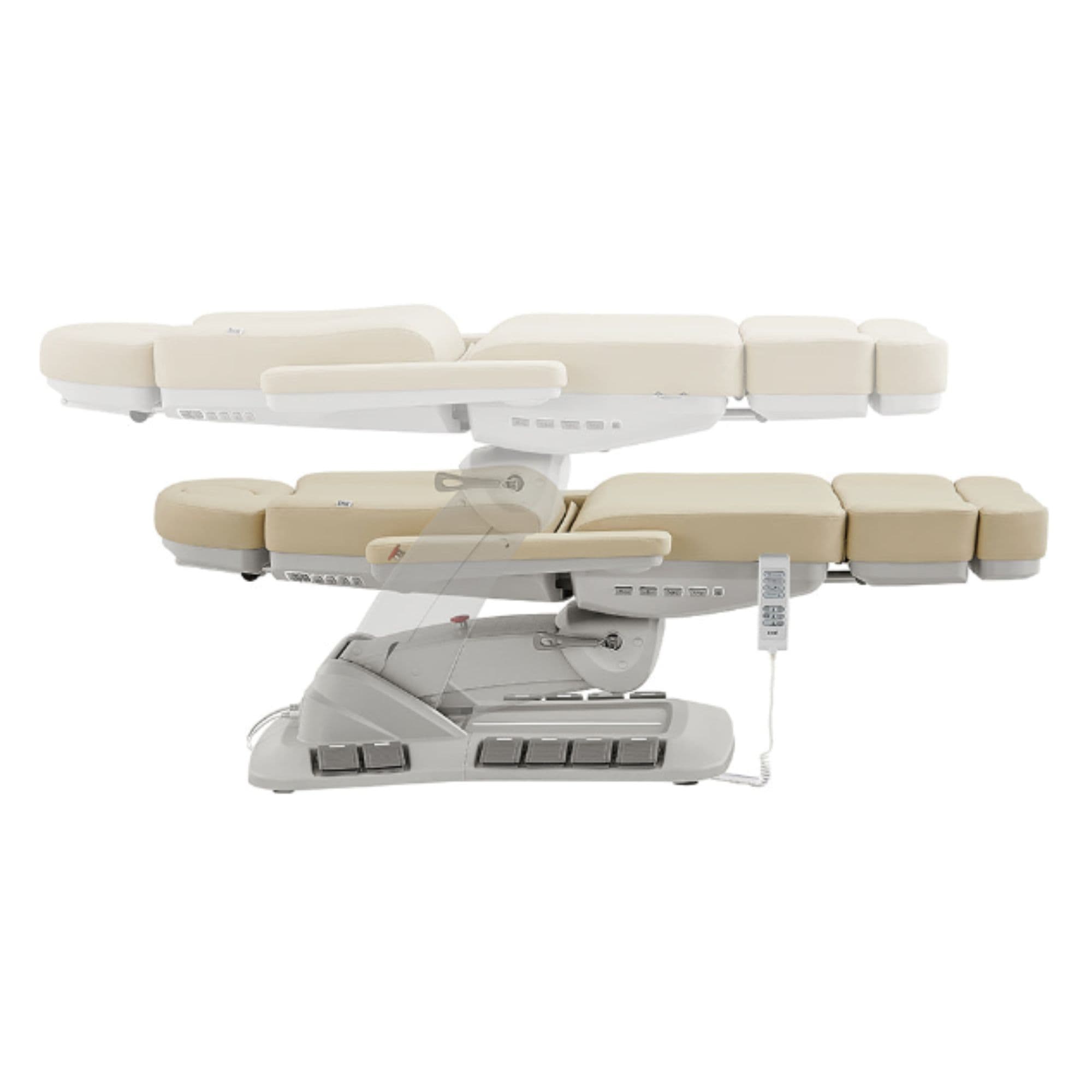 Aurora 4-Motors Swivel Medical Procedure Chair Beige Side View Demonstrating Fully Reclined And Height Adjustment Positions On White Background