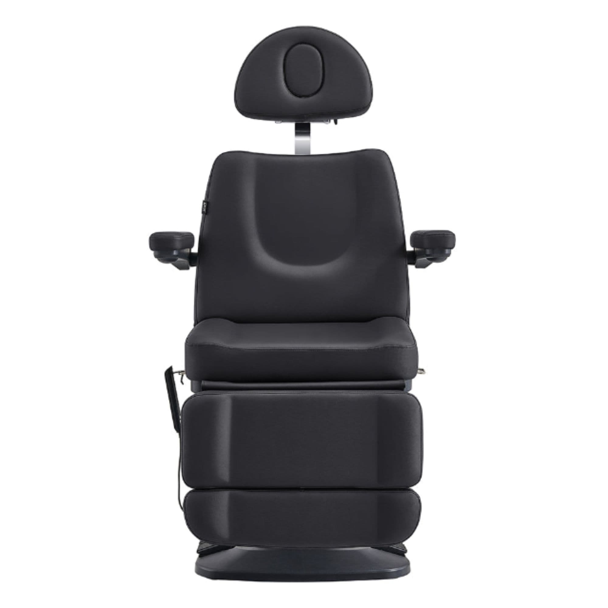 Aurora 4-Motors Swivel Medical Procedure Chair Black Front View Showing Pulled-up Headrest On White Background