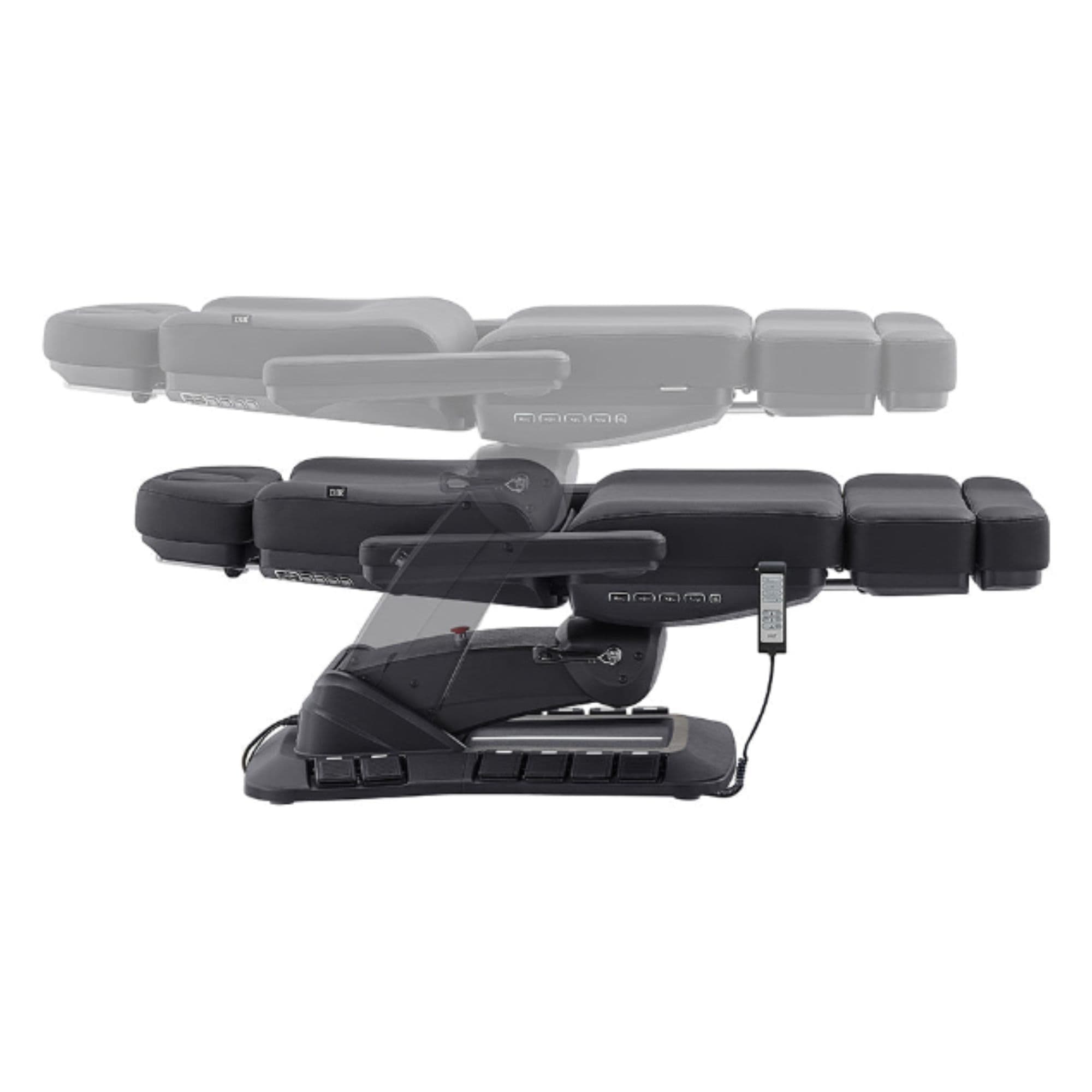 Aurora 4-Motors Swivel Medical Procedure Chair Black Side View Demonstrating Fully Reclined And Height Adjustment Positions On White Background
