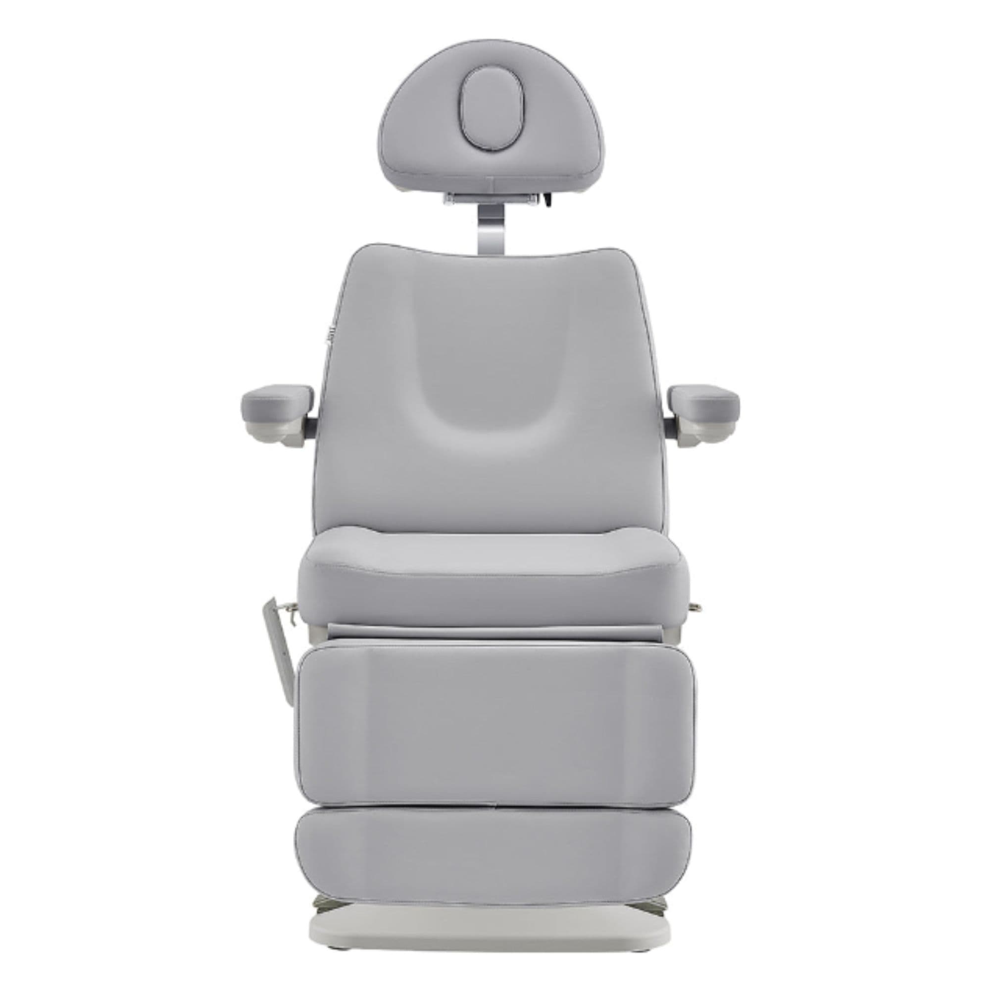 Aurora 4-Motors Swivel Medical Procedure Chair Gray Front View Showing Pulled-up Headrest On White Background