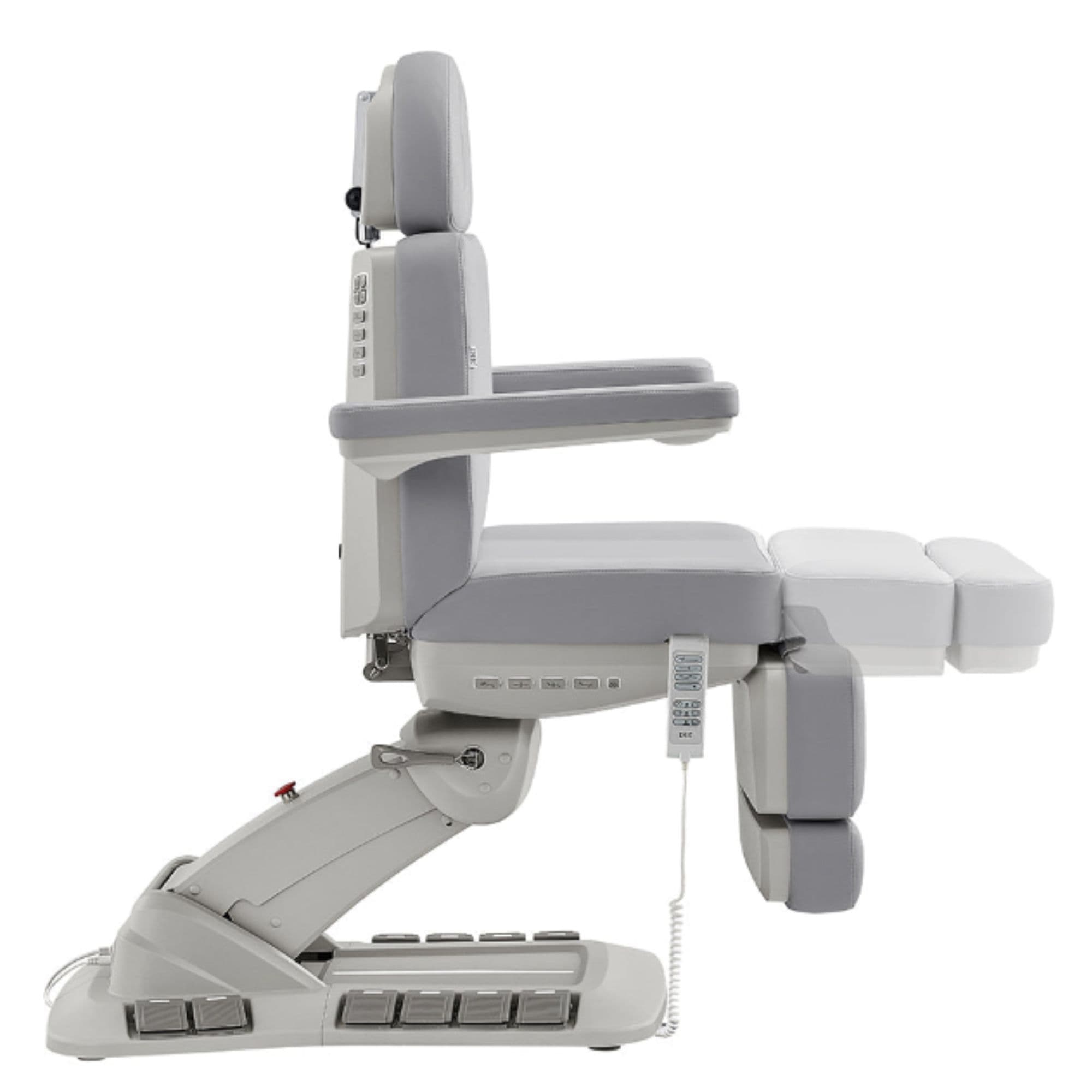 Aurora 4-Motors Swivel Medical Procedure Chair Gray Side View Demonstrating Leg Rest Recline Adjustment Range On White Background