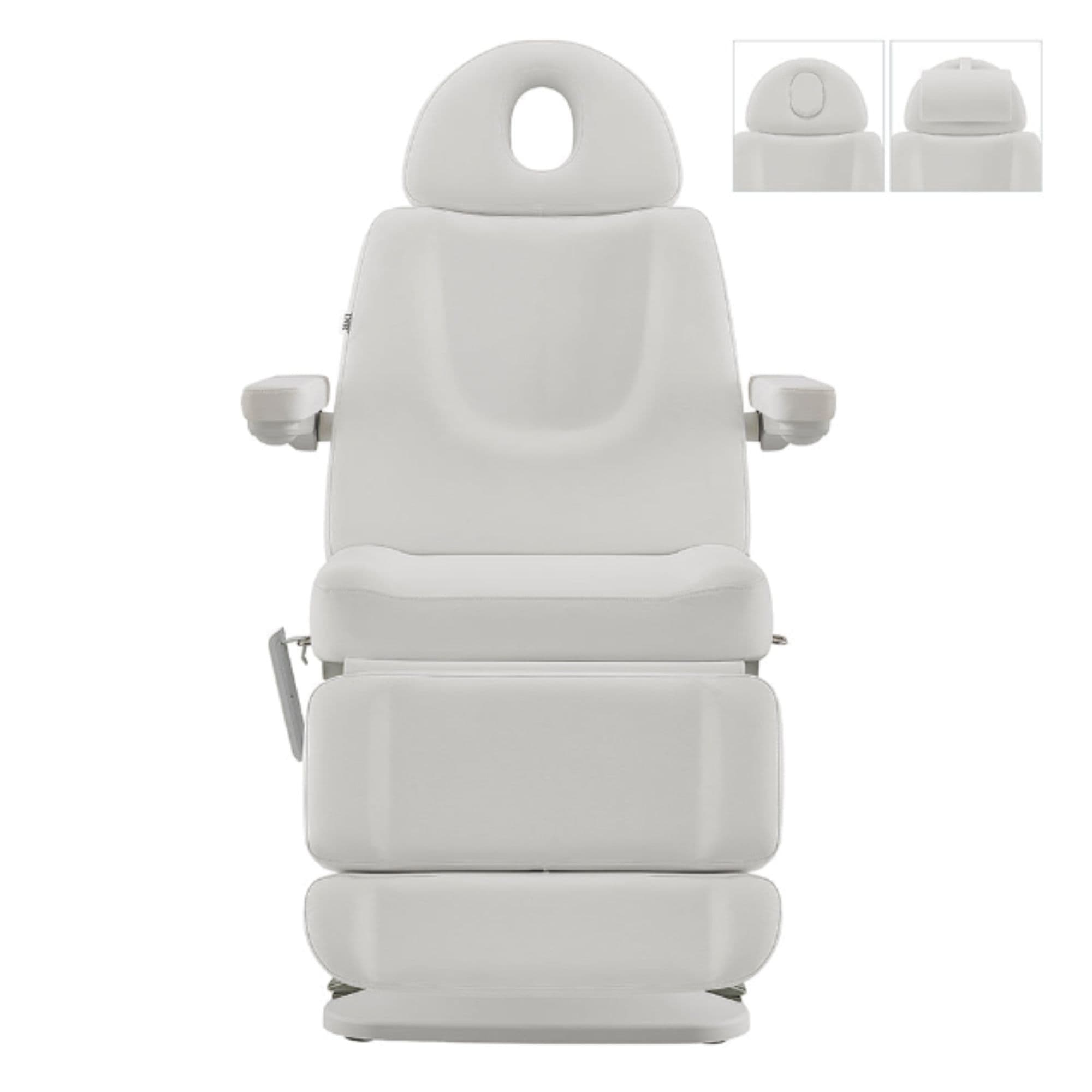 Aurora 4-Motors Swivel Medical Procedure Chair White Front View Showing Multiple Headrest Option On White Background