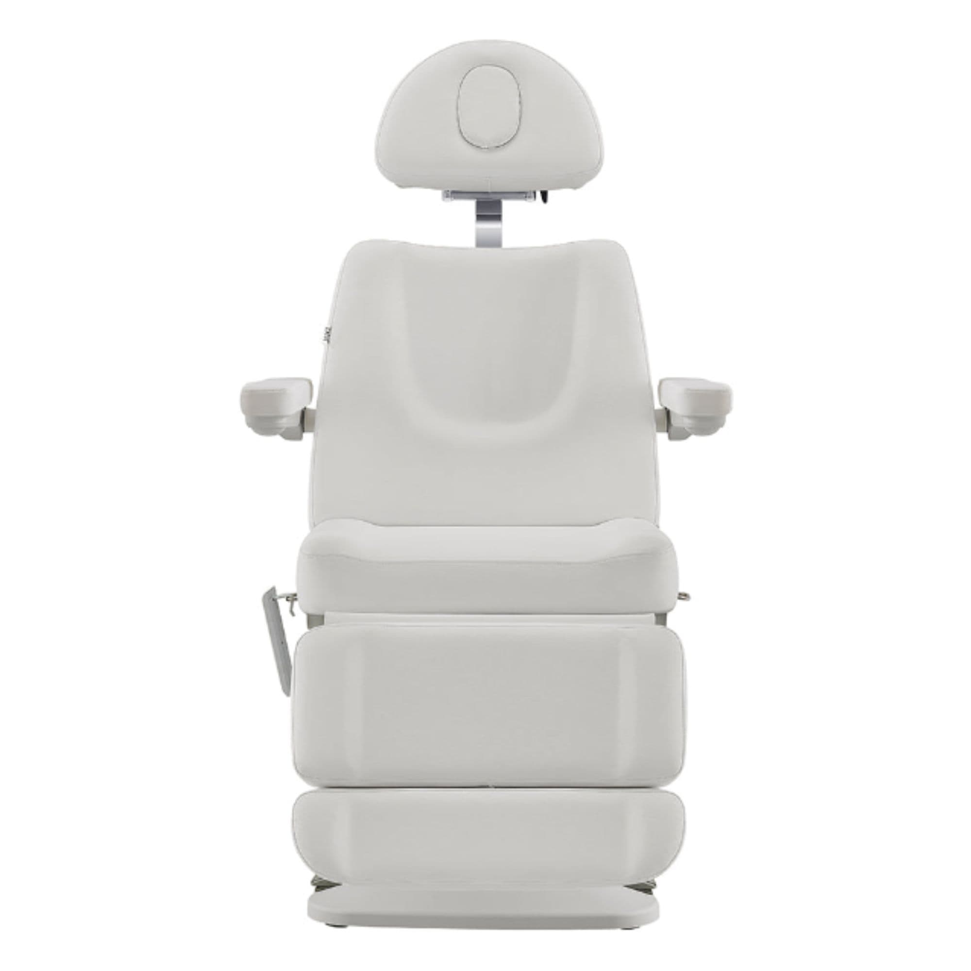 Aurora 4-Motors Swivel Medical Procedure Chair White Front View Showing Pulled-up Headrest On White Background