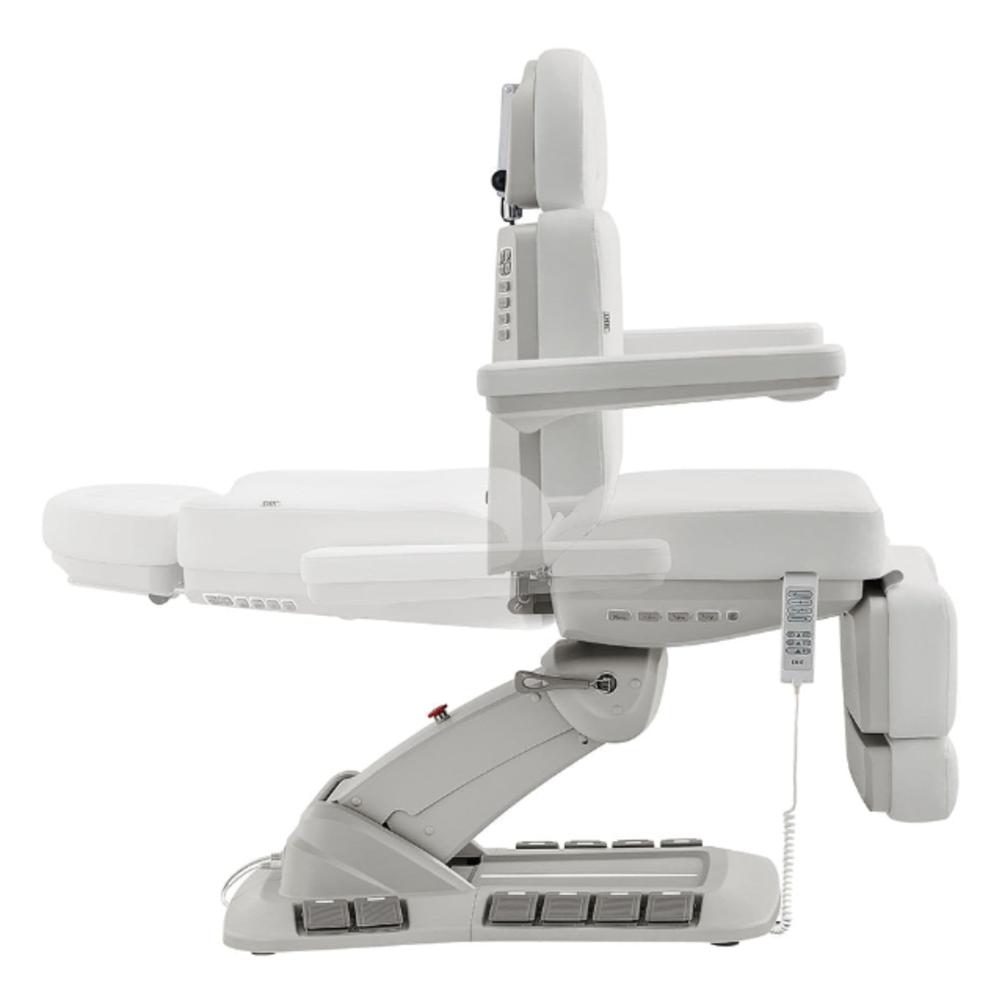 Aurora 4-Motors Swivel Medical Procedure Chair White Side View Demonstrating Backrest Recline Adjustment Range On White Background