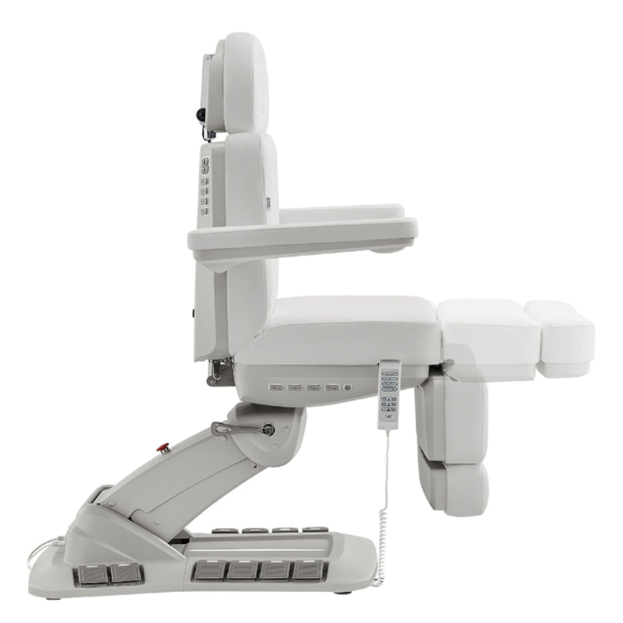 Aurora 4-Motors Swivel Medical Procedure Chair White Side View Demonstrating Leg Rest Recline Adjustment Range On White Background