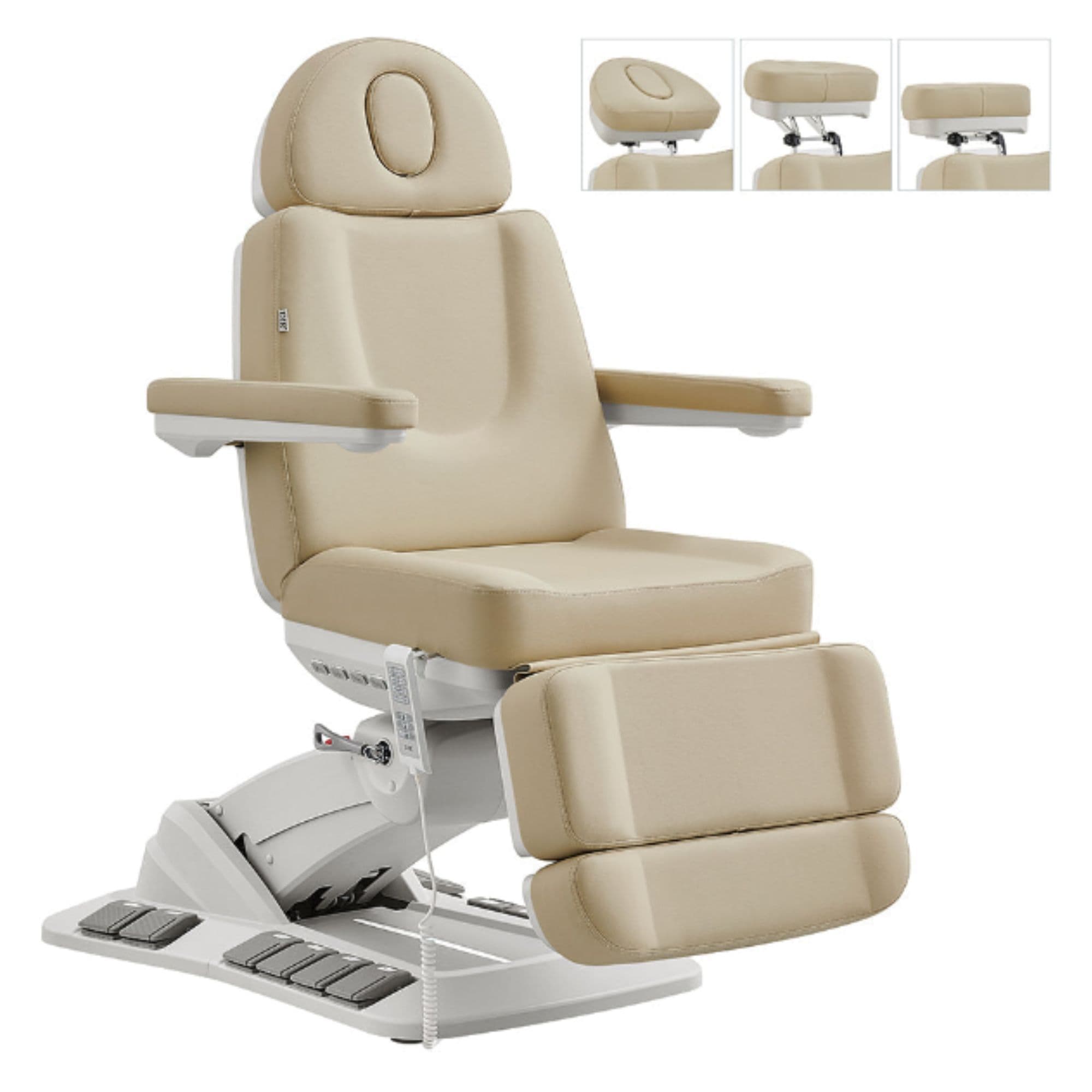 Aurora Quad-Motor Swivel Procedure Chair Beige Front Angled Showing Multiple Headrest Position On White Background
