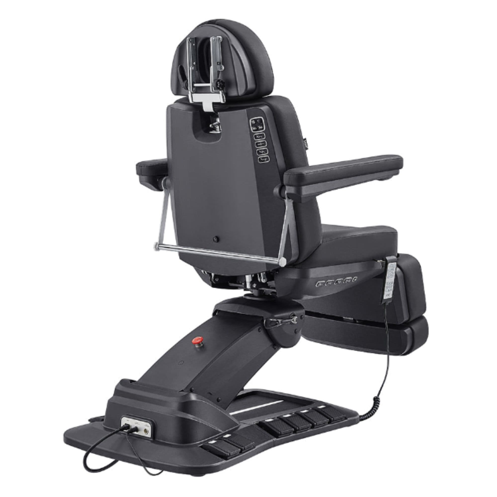 Aurora Quad-Motor Swivel Procedure Chair Black Rear Angled View With Foot Control On White Background