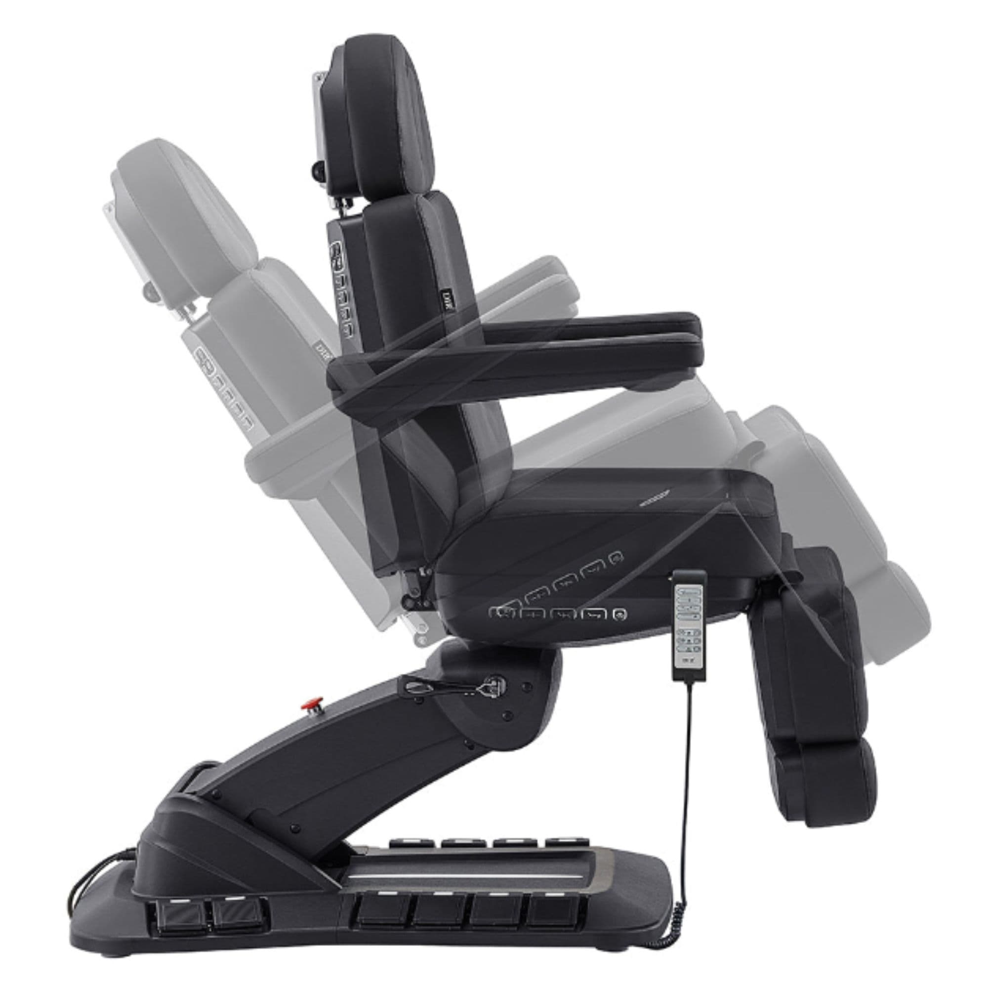 Aurora Quad-Motor Swivel Procedure Chair Black Side View Demonstrating Chair And Stirrup Adjustment Positions On White Background
