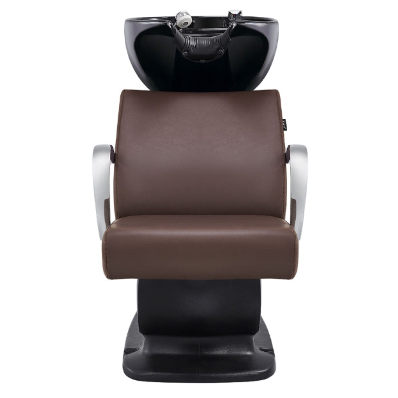Beckman Salon Shampoo Unit with Adjustable Seat Brown Front View With Black Single Sink On White Background